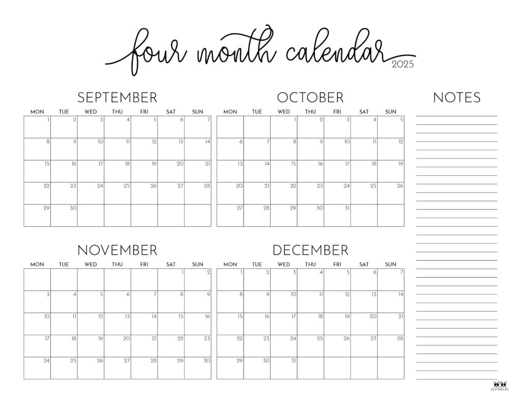 2025 Four Month Calendars - 31 Free Printables | Printabulls regarding October November December 2025 Calendar Printable Free