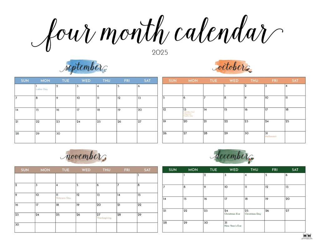 2025 Four Month Calendars - 31 Free Printables | Printabulls with regard to Printable Calendar August 2025 to December 2025