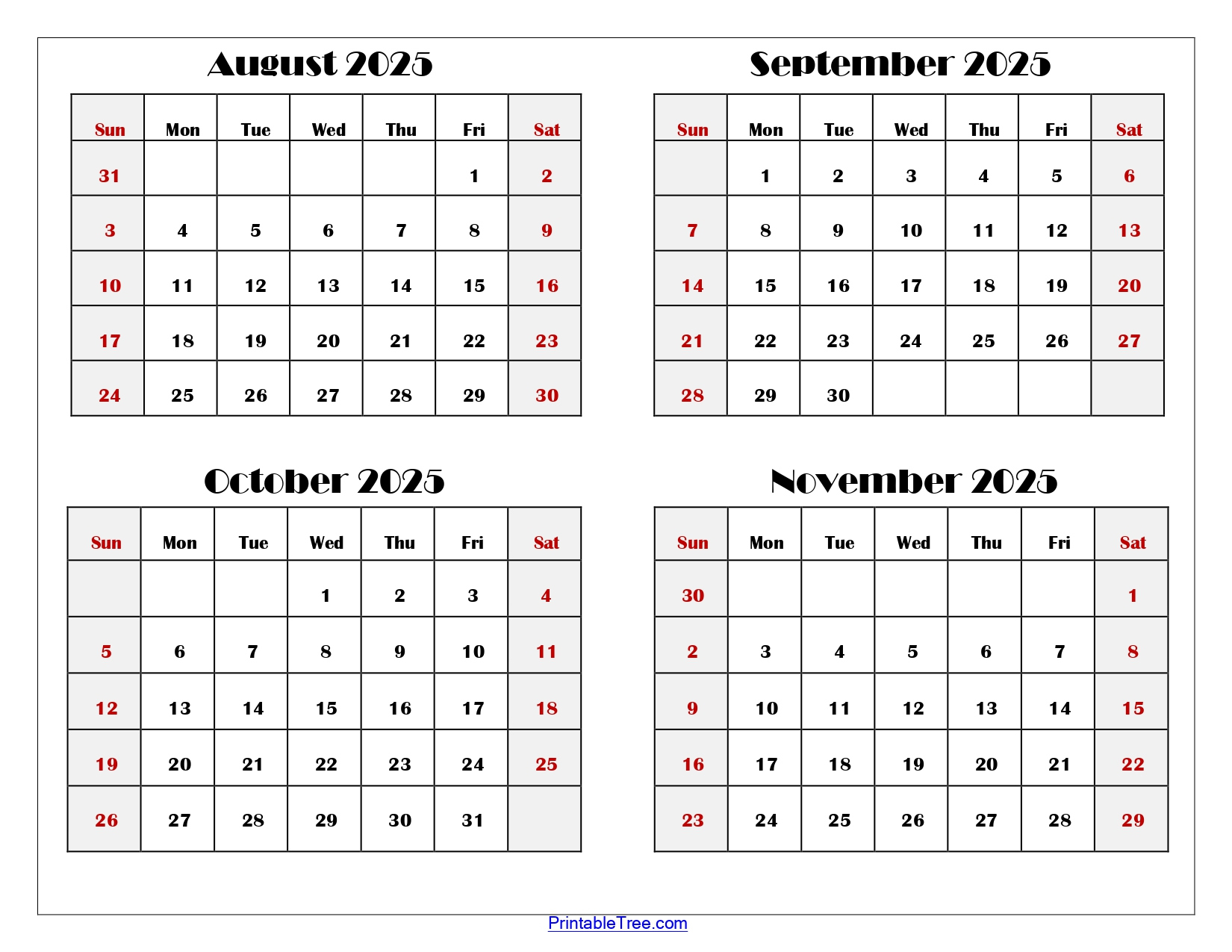 August To November 2025 Calendar Printable Pdf | Four Months Calendar regarding Printable Calendar August to December 2025