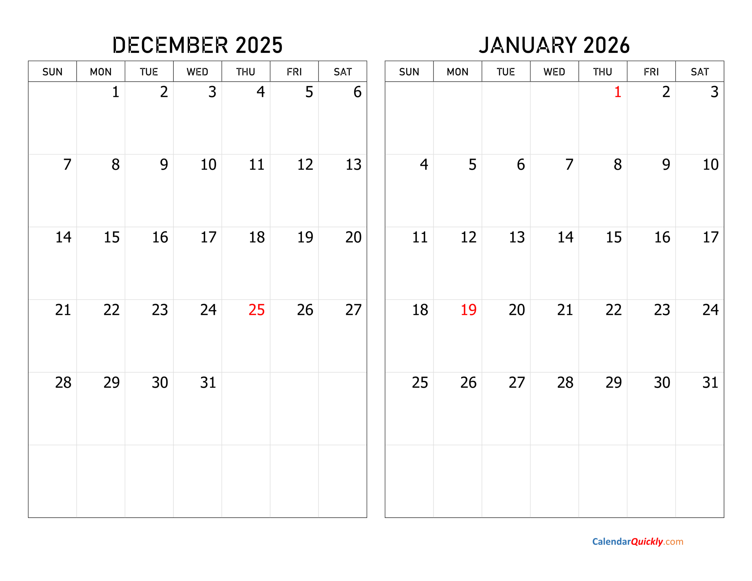 December 2025 And January 2026 Calendar | Calendar Quickly intended for December 2025 January 2026 Printable Calendar