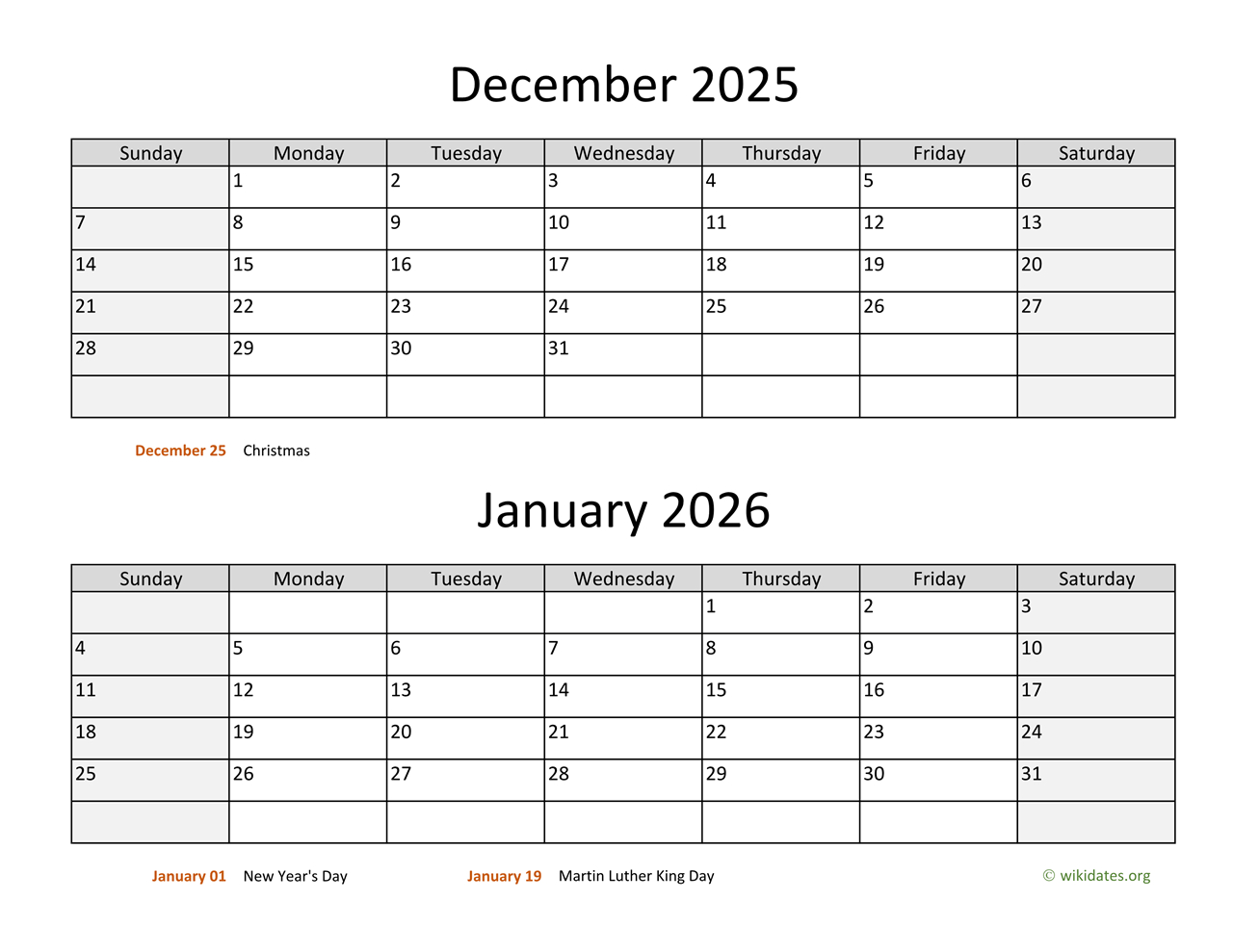 December 2025 And January 2026 Calendar | Wikidates for December 2025 And January 2026 Calendar Printable