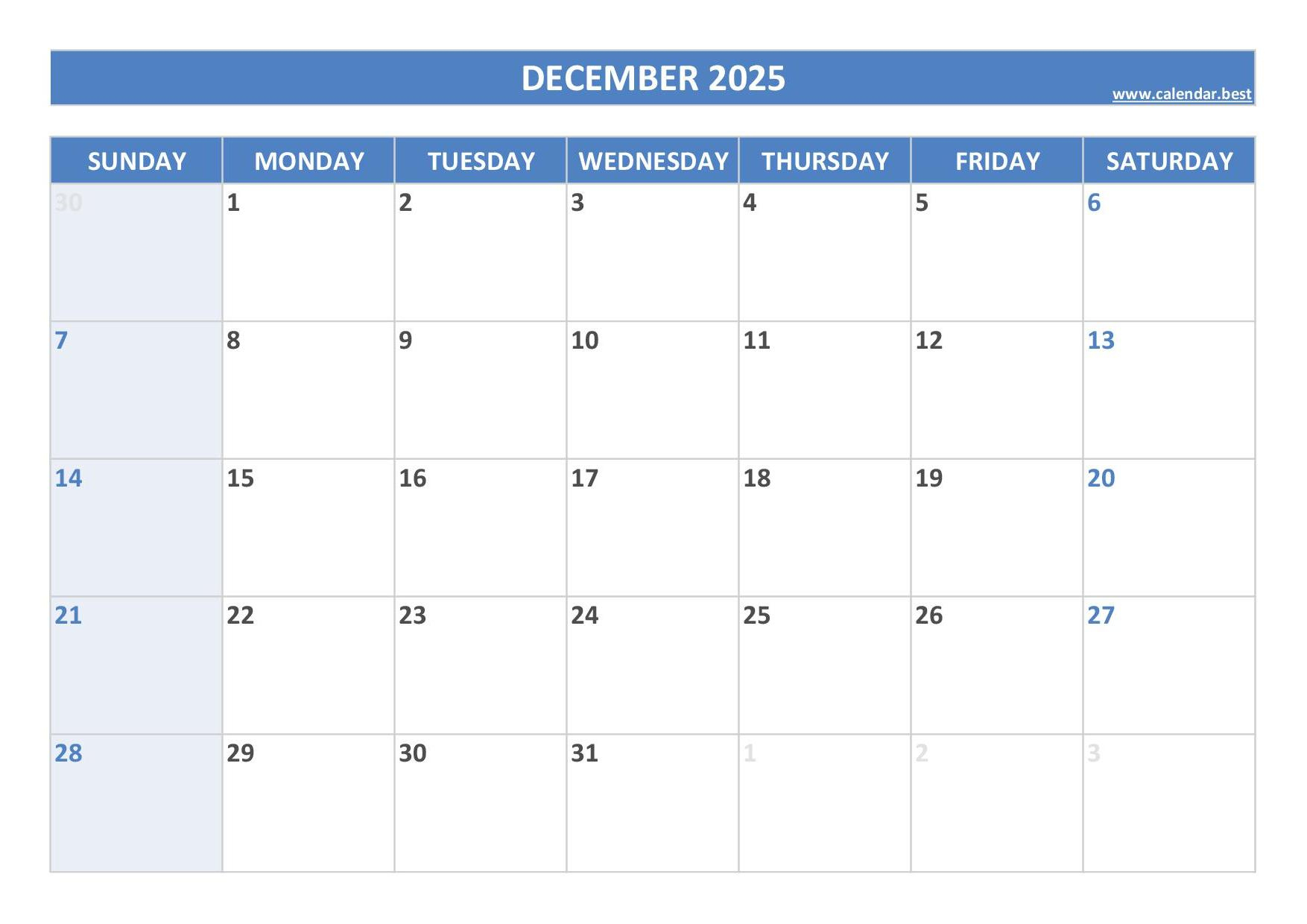 December 2025 Calendar -Calendar.best for Free Printable December 2025 Calendar
