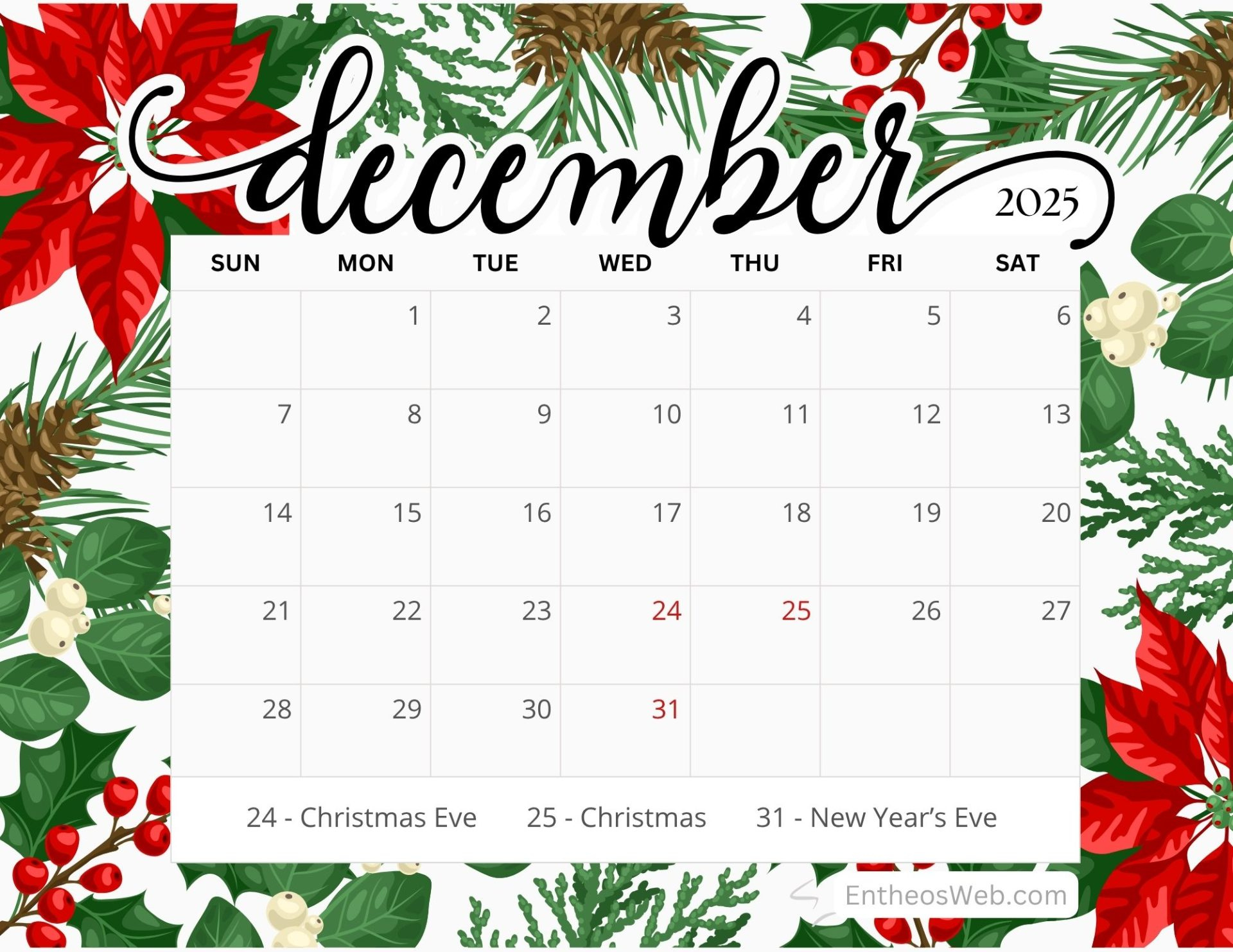 December 2025 Calendar Free Pdf Printables | Entheosweb pertaining to December 2025 Calendar Printable Free
