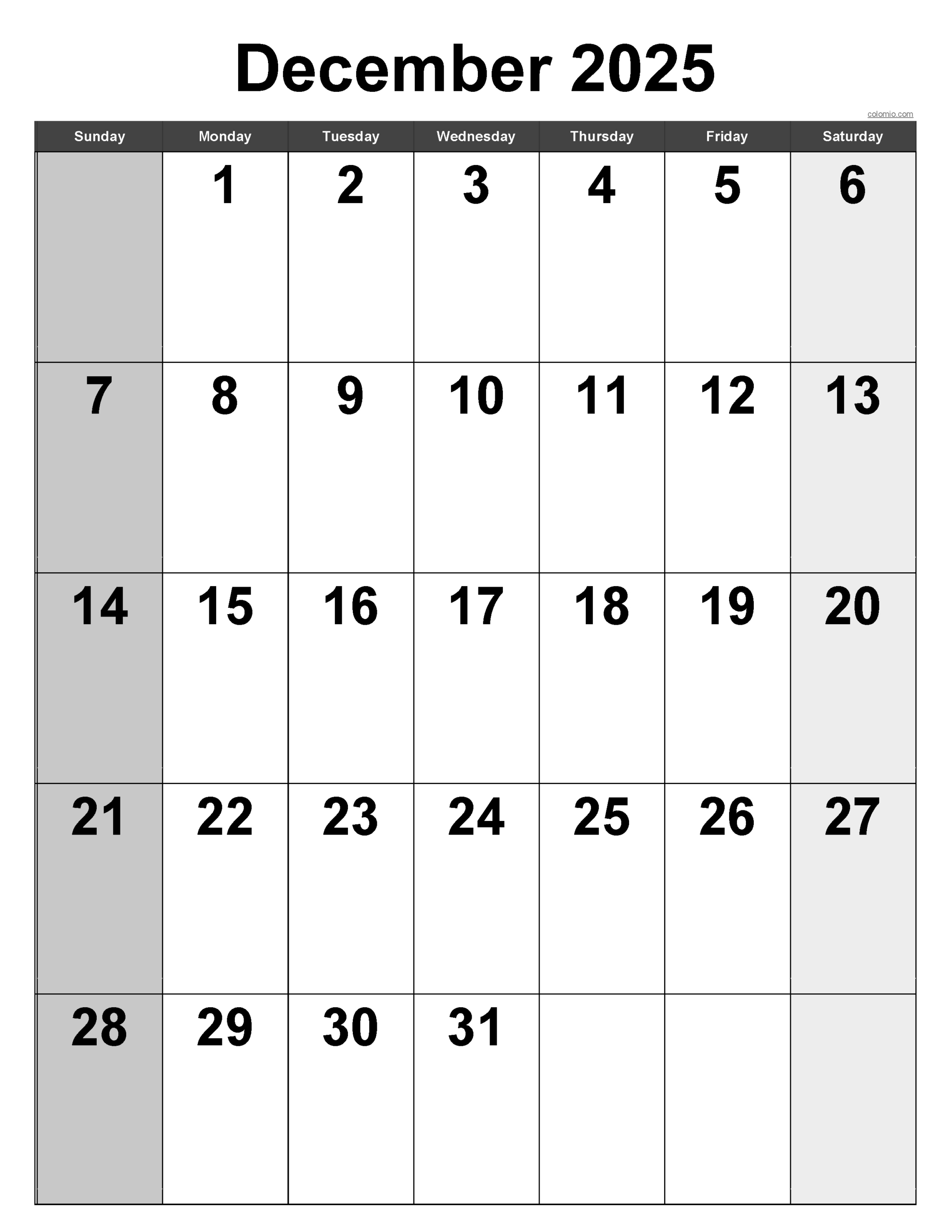 December 2025 Calendar | Free Printable Pdf, Xls And Png in December 2025 Calendar Printable Vertical