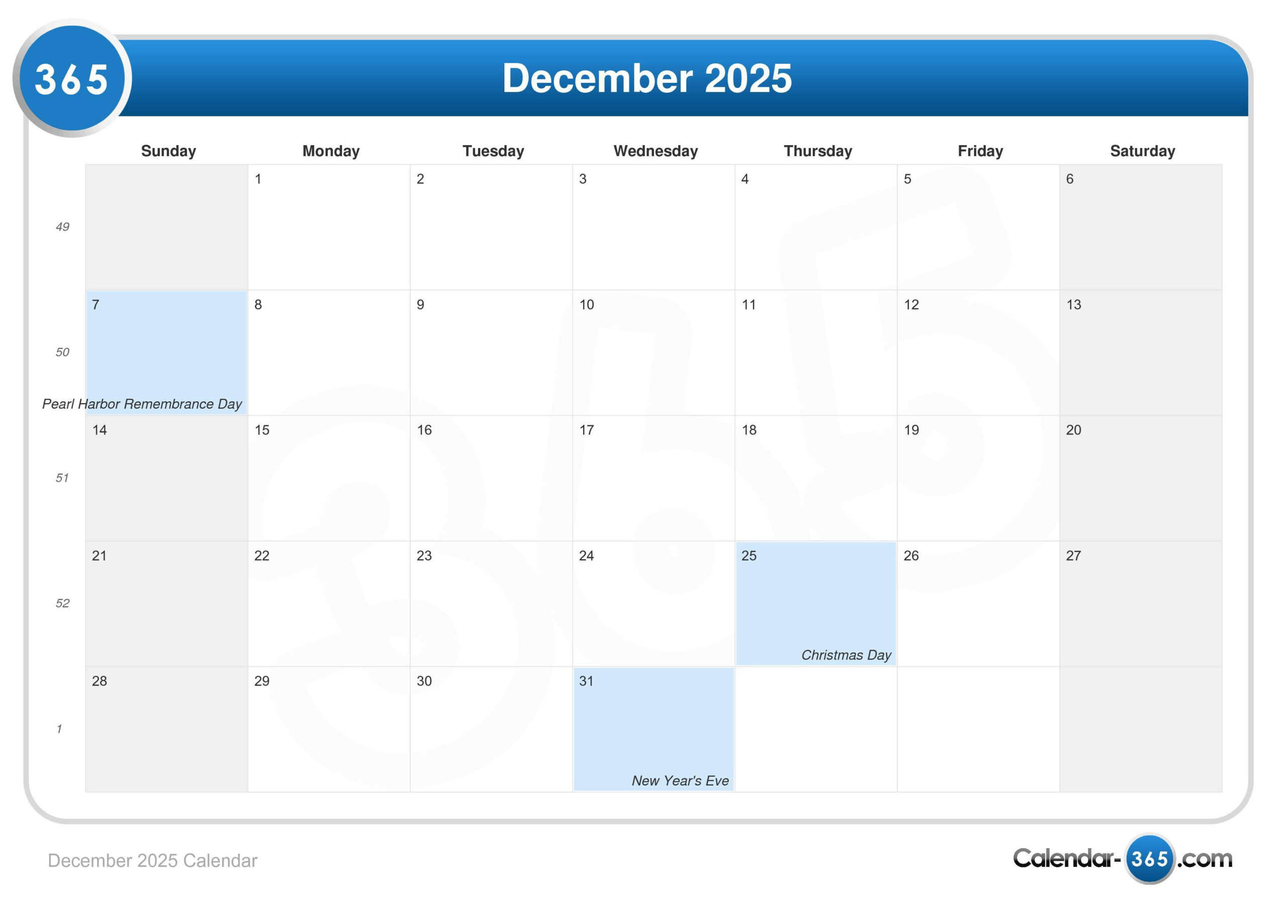 December 2025 Calendar with Calendar December 2025 2008 Printable