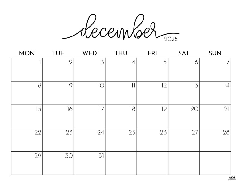 December 2025 Calendars - 107 Free Printables | Printabulls in December 2025 Calendar Printable