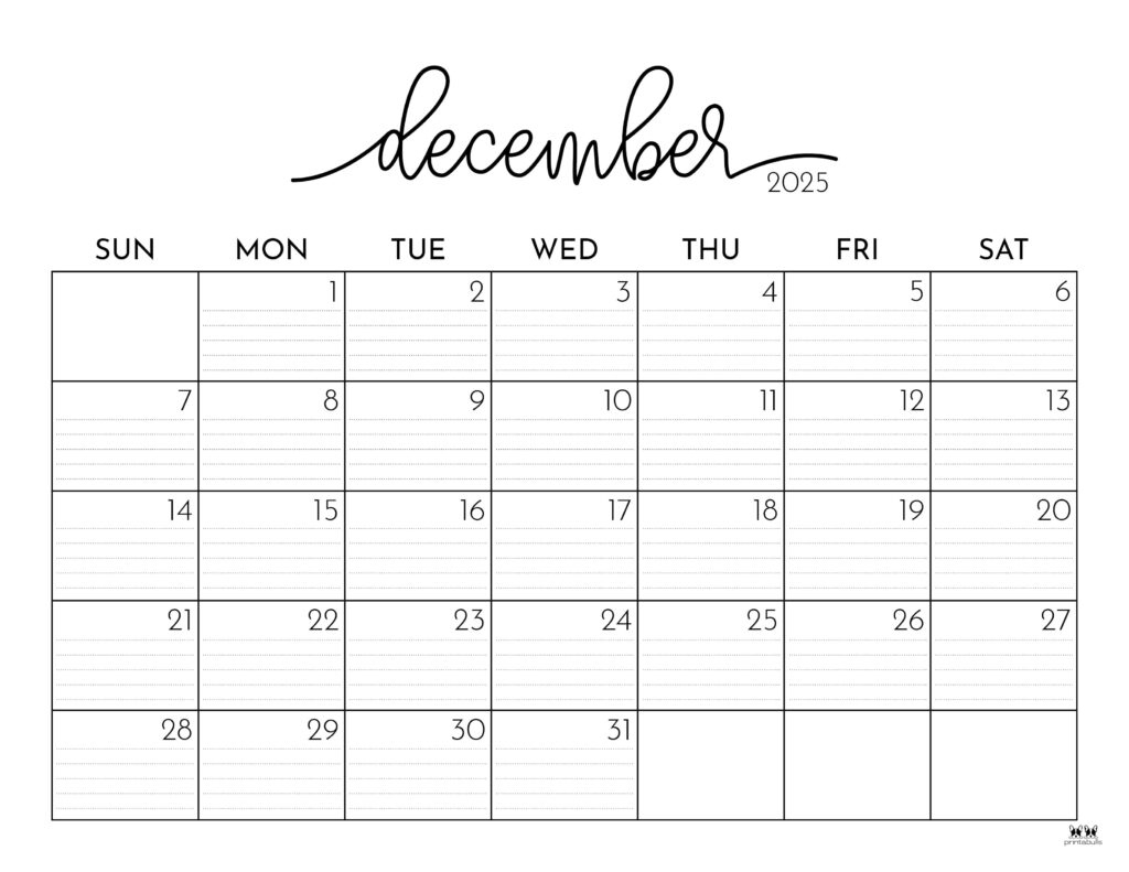 December 2025 Calendars - 107 Free Printables | Printabulls inside Printable December 2025 Calendar