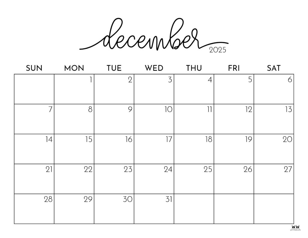 December 2025 Calendars - 107 Free Printables | Printabulls intended for December 2025 Monthly Calendar Printable
