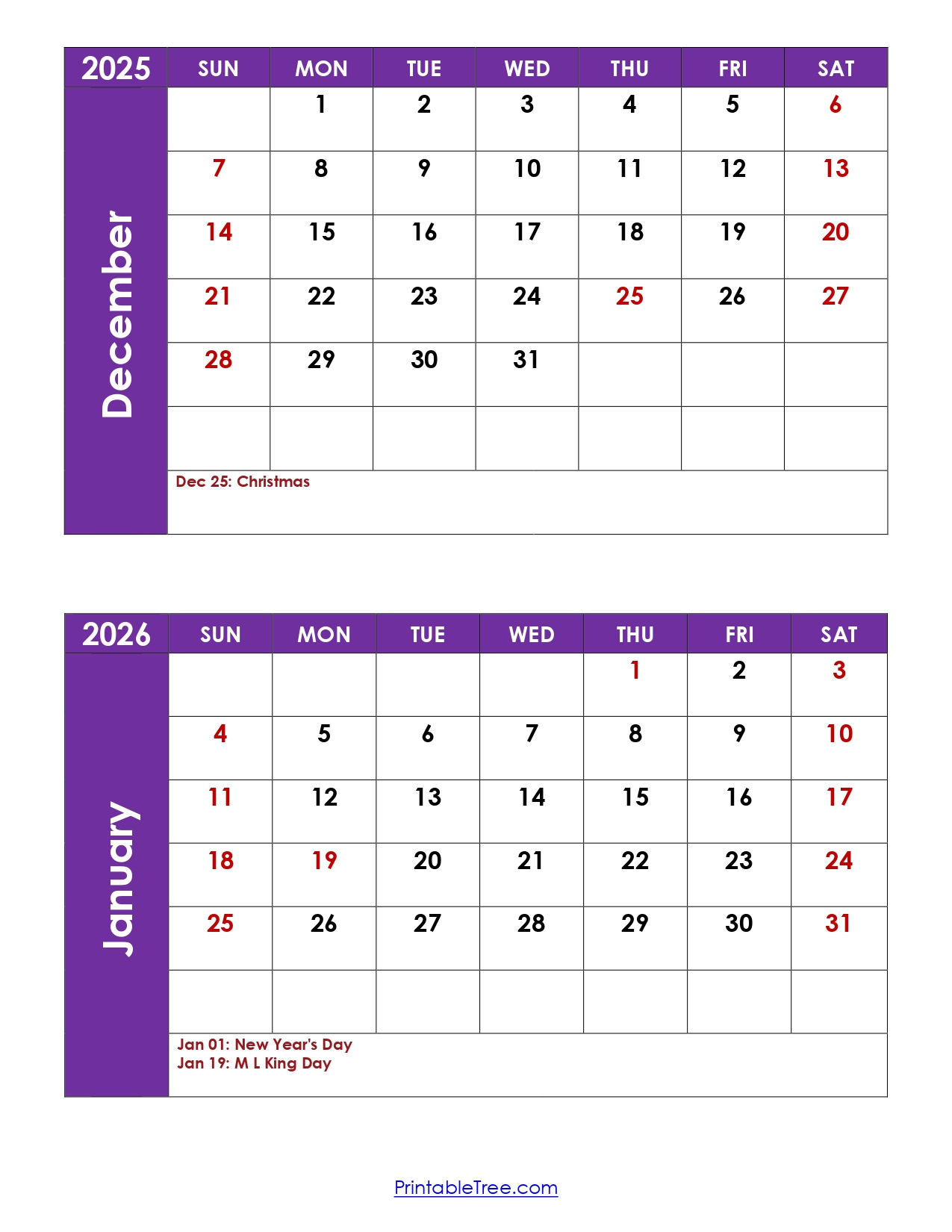 December And January 2026 Calendar Printable Pdf | Two Months Calendar for Printable Calendar For December 2025 and January 2026