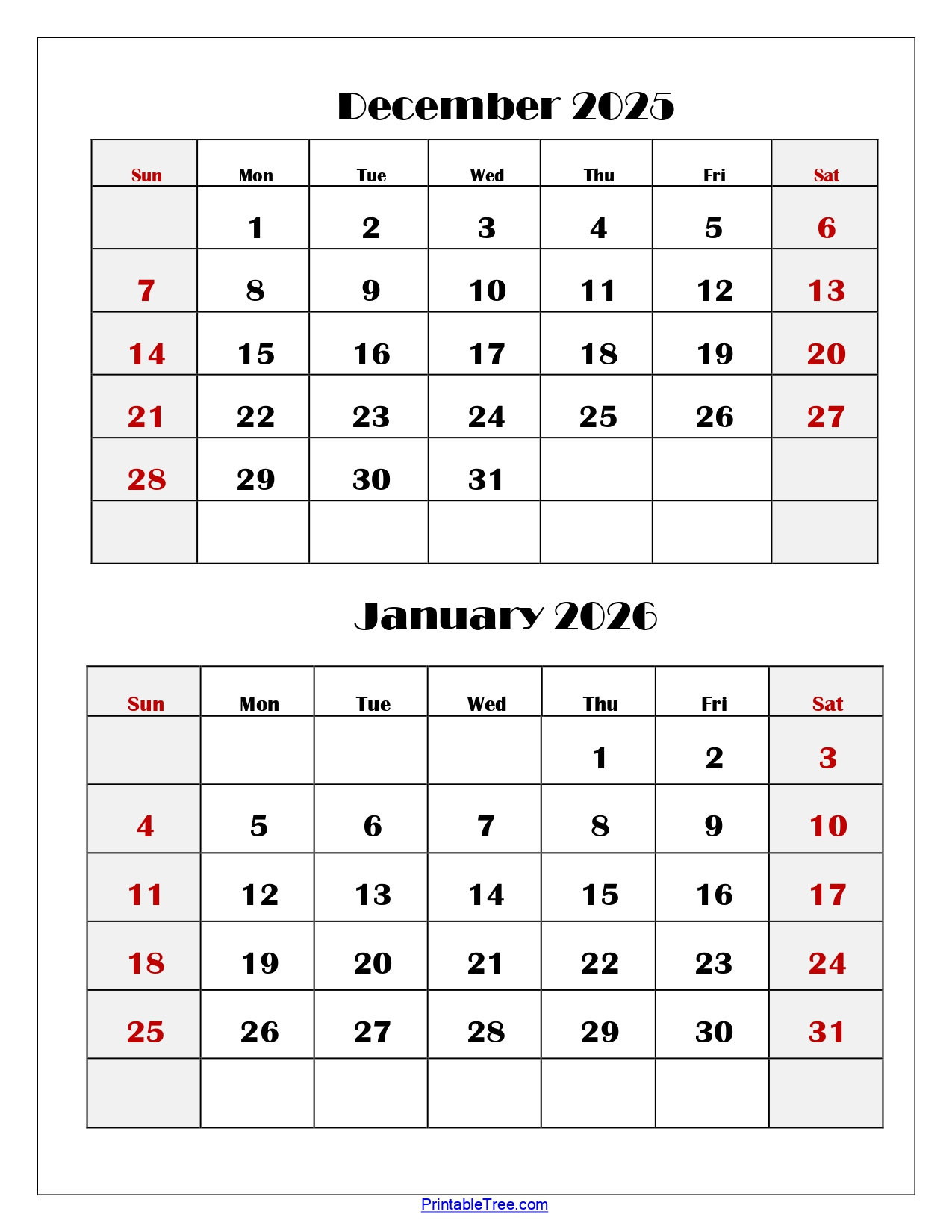 December And January 2026 Calendar Printable Pdf | Two Months Calendar throughout Printable December 2025 January Calendar