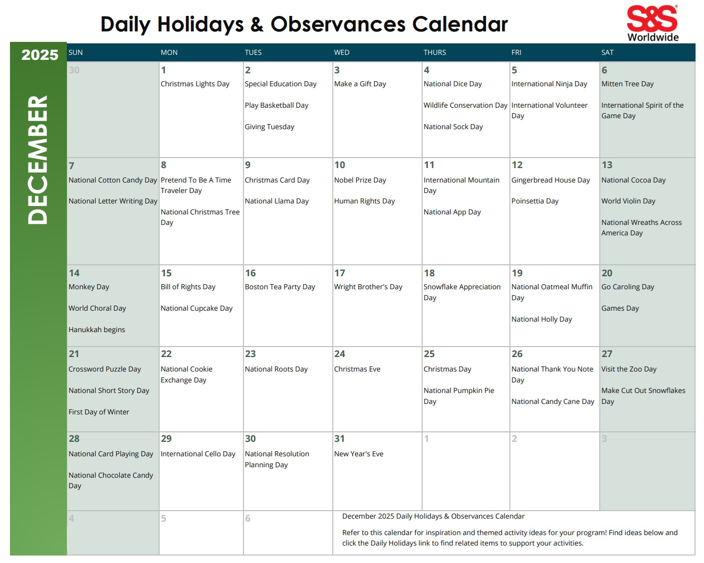 December Daily Holidays & Observances Printable Calendar - S&S Blog intended for December 2025 Daily Calendar Printable