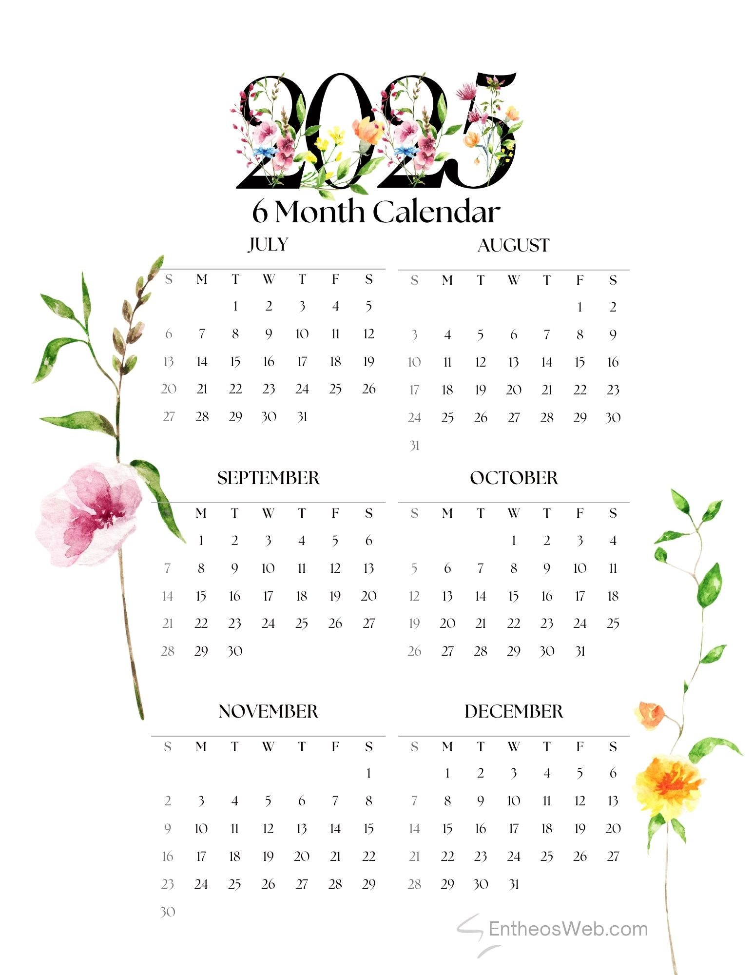 July To December 2025 – 6 Month Calendar Printable | Entheosweb pertaining to July To December 2025 Calendar Printable