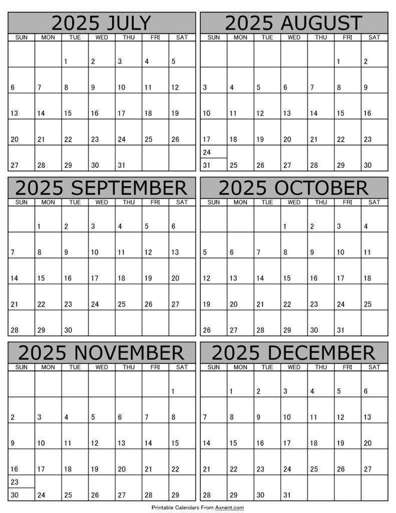 July To December 2025 Calendar Templates - Six Months regarding Printable Calendar July To December 2025