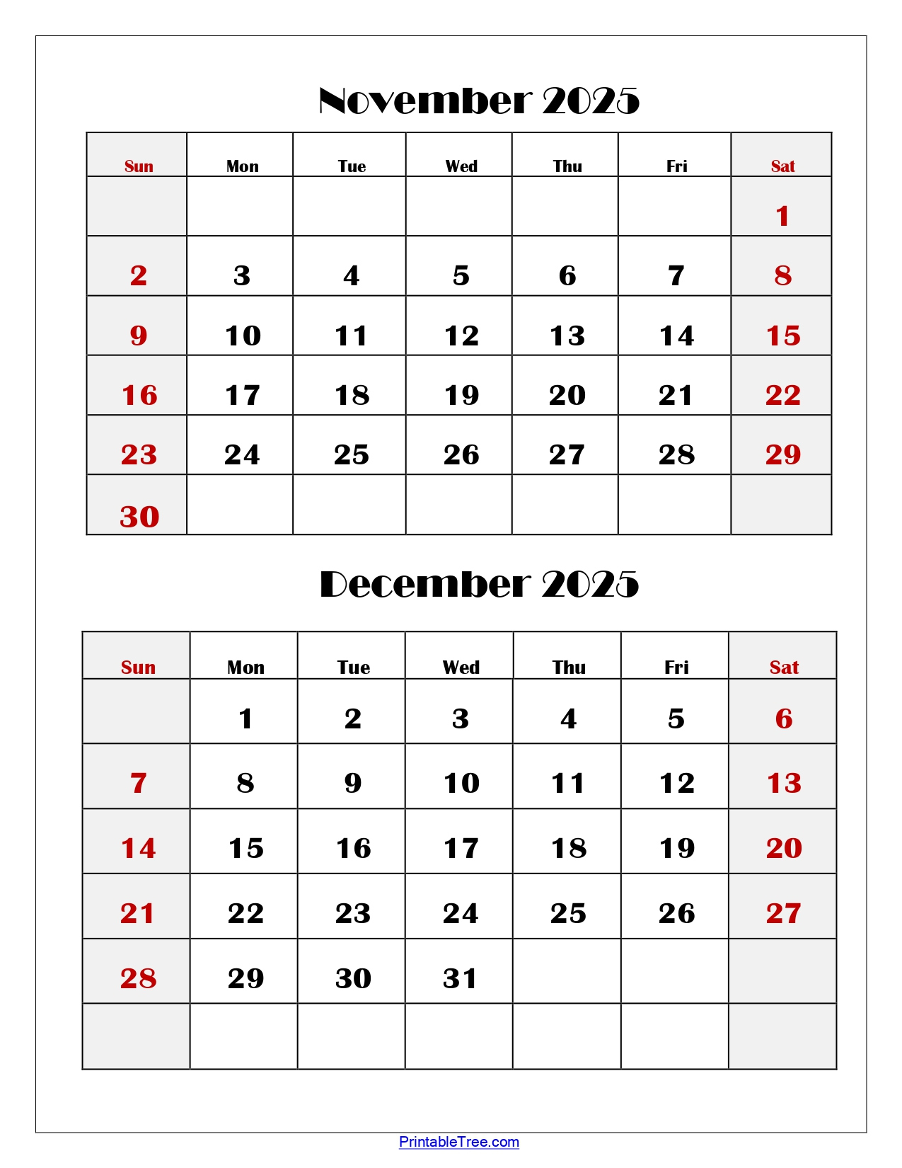 November And December 2025 Calendar Printable Pdf | Two Months within Printable Calendar November December 2025