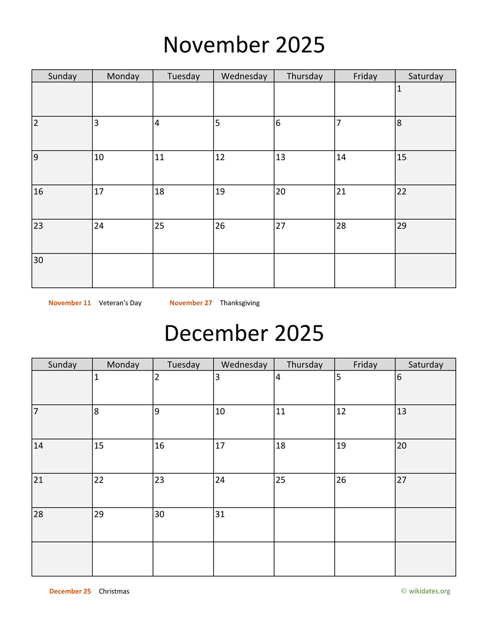 November And December 2025 Calendar | Wikidates throughout November And December 2025 Printable Calendar