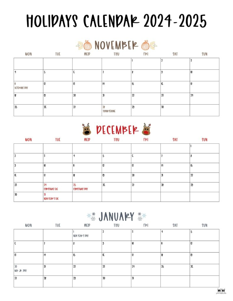 November December 2024 Calendars - 28 Printables | Printabulls inside November December 2025 January Printable Calendar