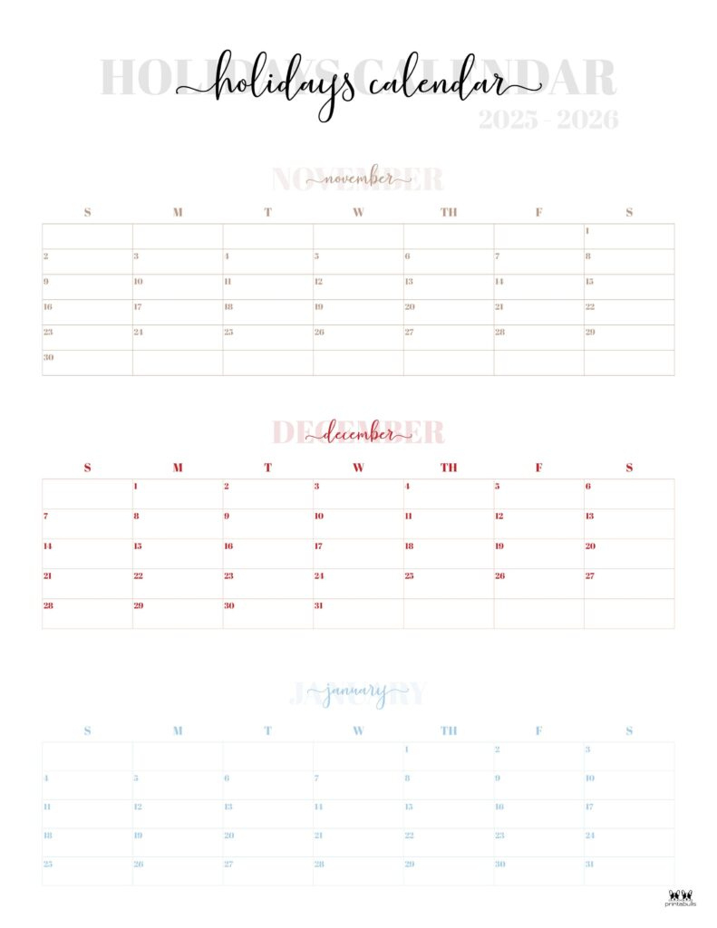 November December 2025 Calendars - 28 Printables | Printabulls for Printable 3 Month Calendar November December 2025 January 2026