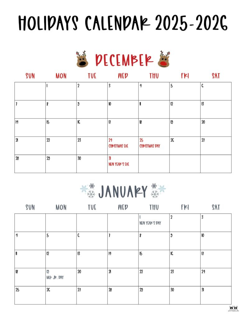 November December 2025 Calendars - 28 Printables | Printabulls inside Printable December 2025 January Calendar