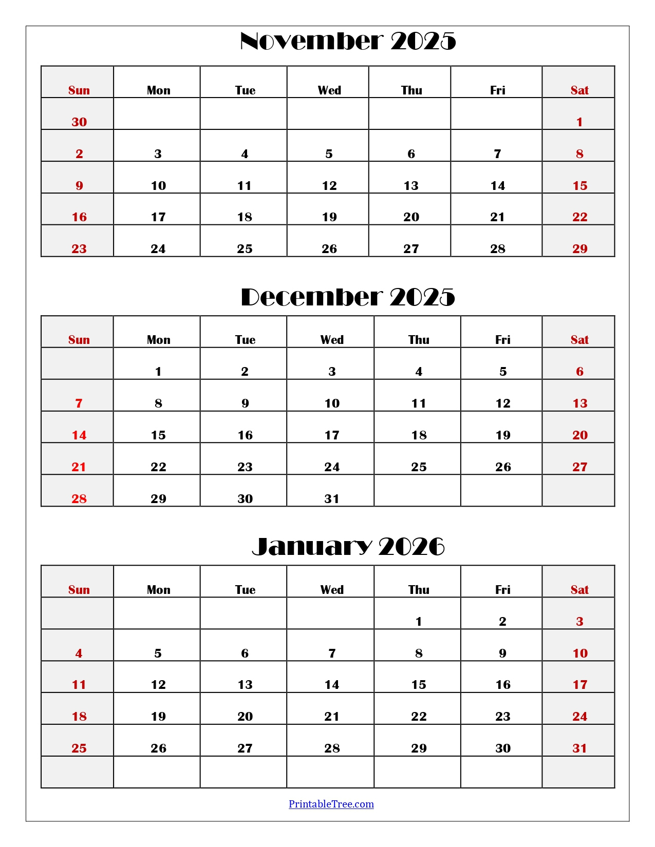 November To January 2026 Calendar Printable Pdf | Three Months with Printable 3 Month Calendar November December 2025 January 2026