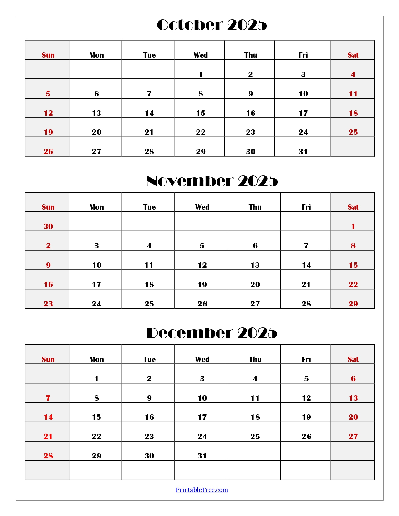 October To December 2025 Calendar Printable Pdf | Three Months with October November December 2025 Calendar Printable