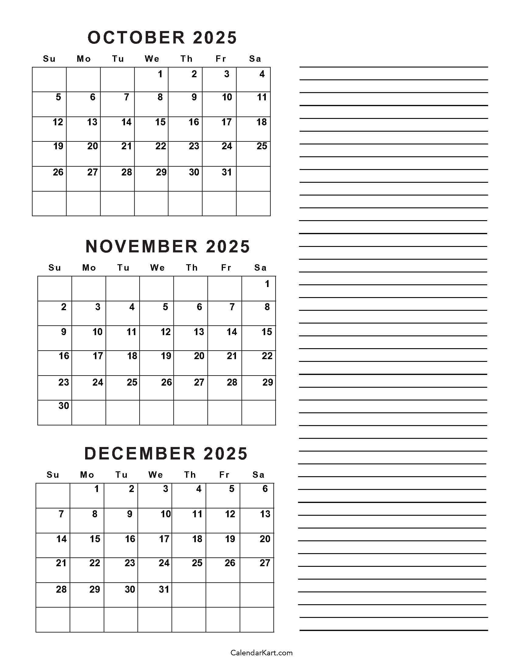 October To December 2025 Calendar (Q4) - Calendarkart in Printable Calendar October November December 2025