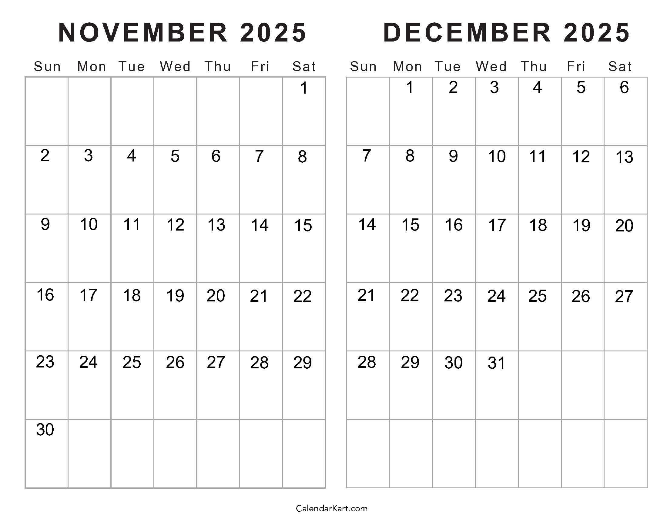 Printable November December 2025 Calendars | Calendarkart pertaining to Printable Calendar November December 2025