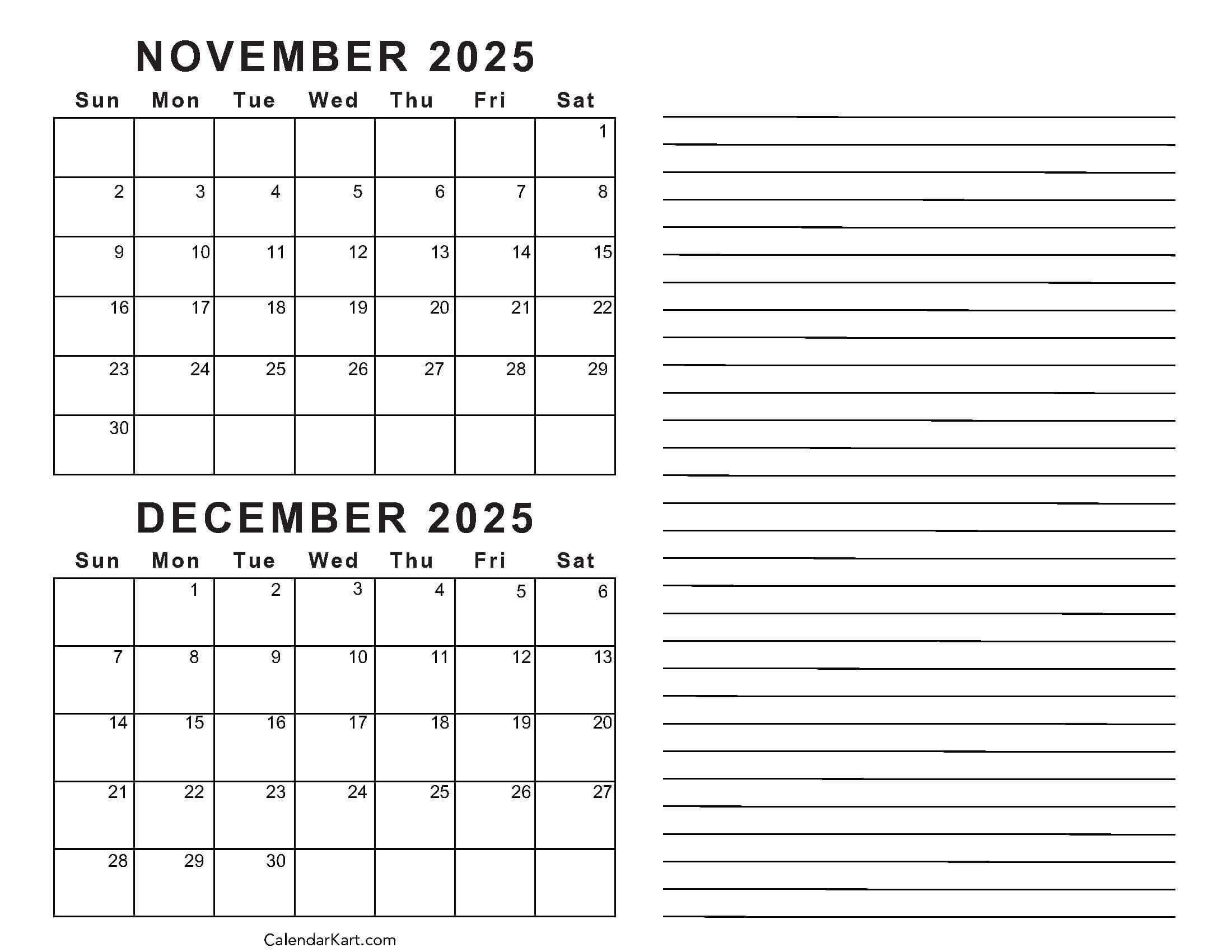 Printable November December 2025 Calendars | Calendarkart regarding Printable November December 2025 Calendar