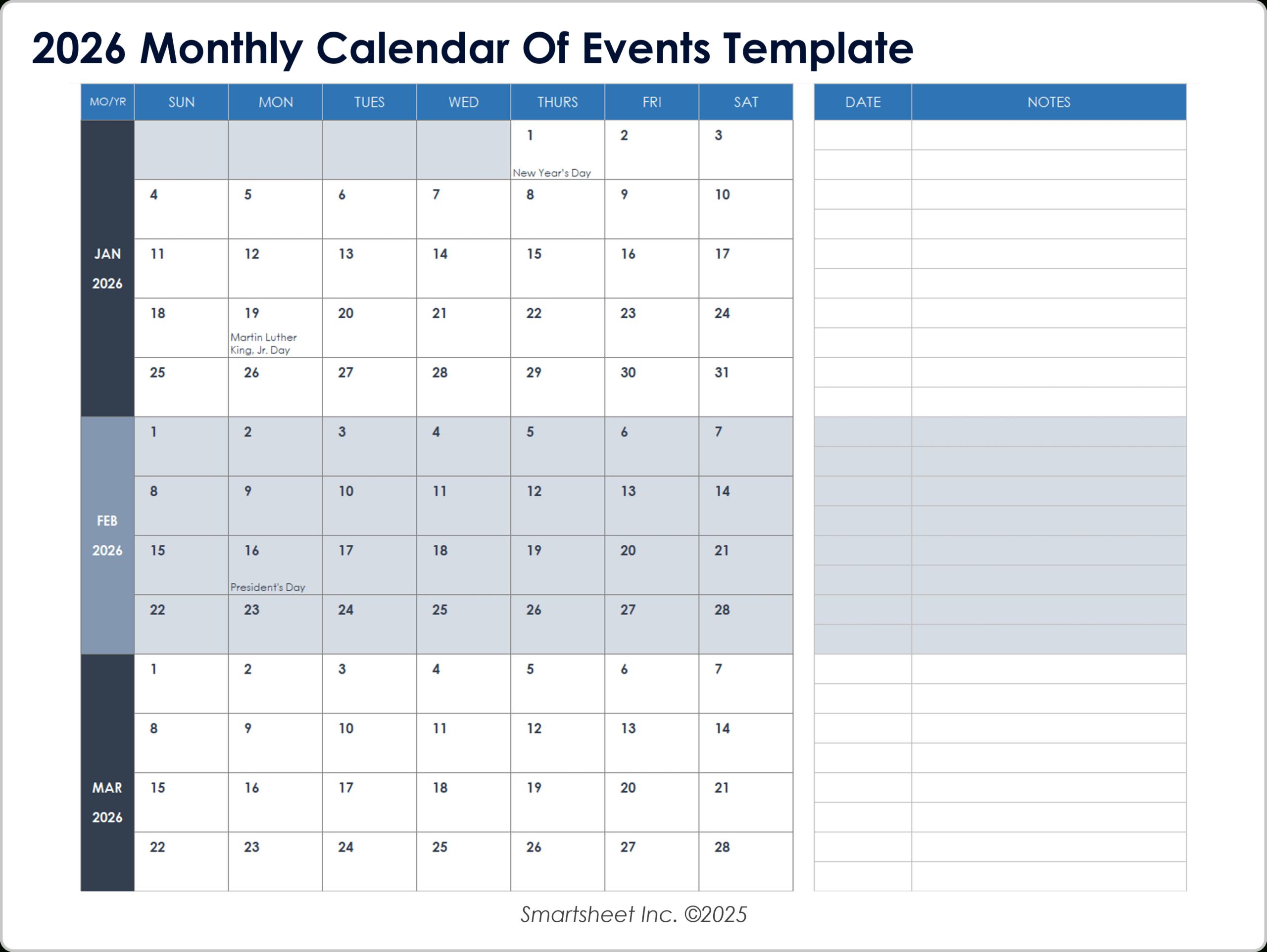15 Free 2026 Monthly Calendar Templates | Smartsheet with regard to Absence Calendar 2026 Template