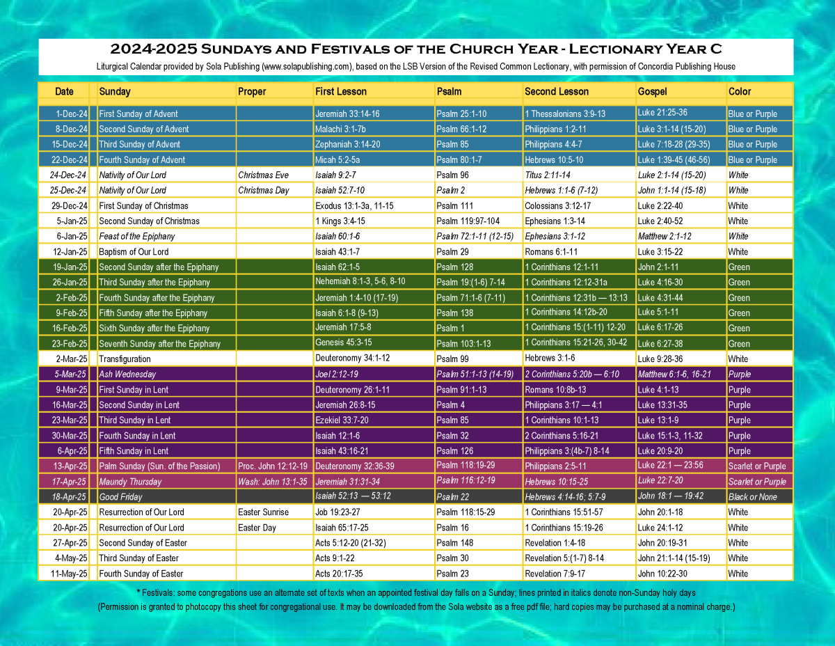 2024-2025 Liturgical Calendar (Year C) K-2025 | Sola Publishing pertaining to UMC Liturgical Calendar 2026