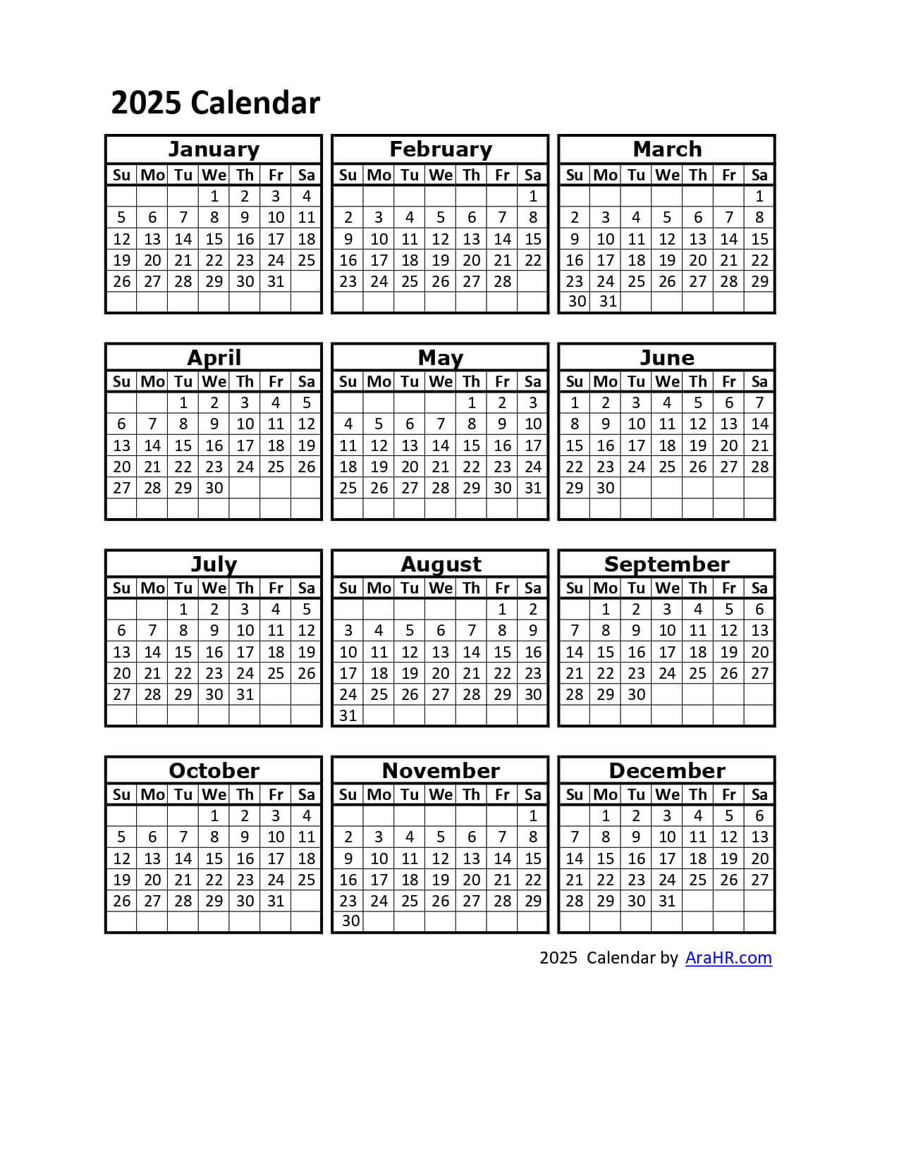 2025 Calendar - Yearly - Monthly - Free - Printable - Template inside Free Printable Employee Attendance Calendar