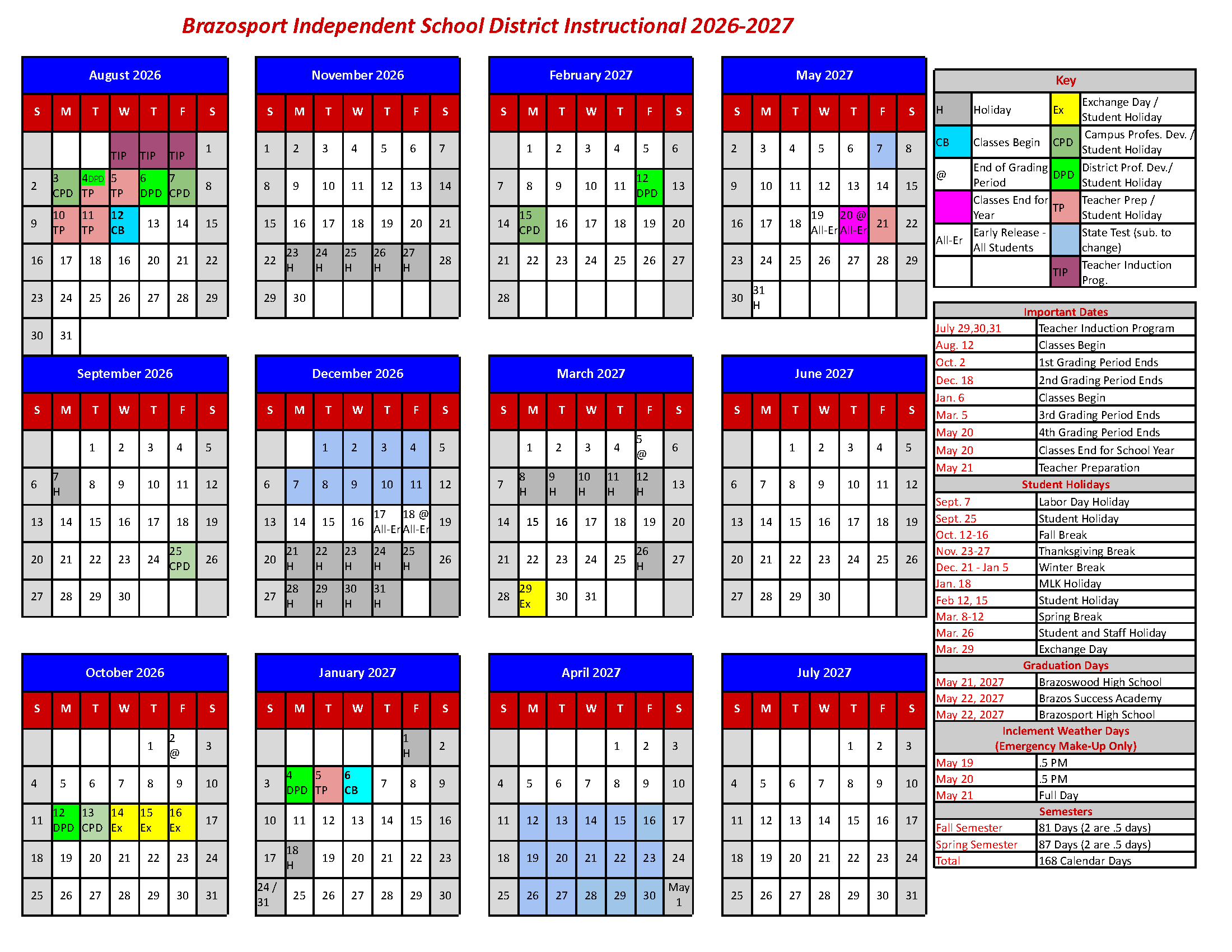 2026–2027 Calendar - Brazosport Independent School District within K12 Calendar 2026 - 2027