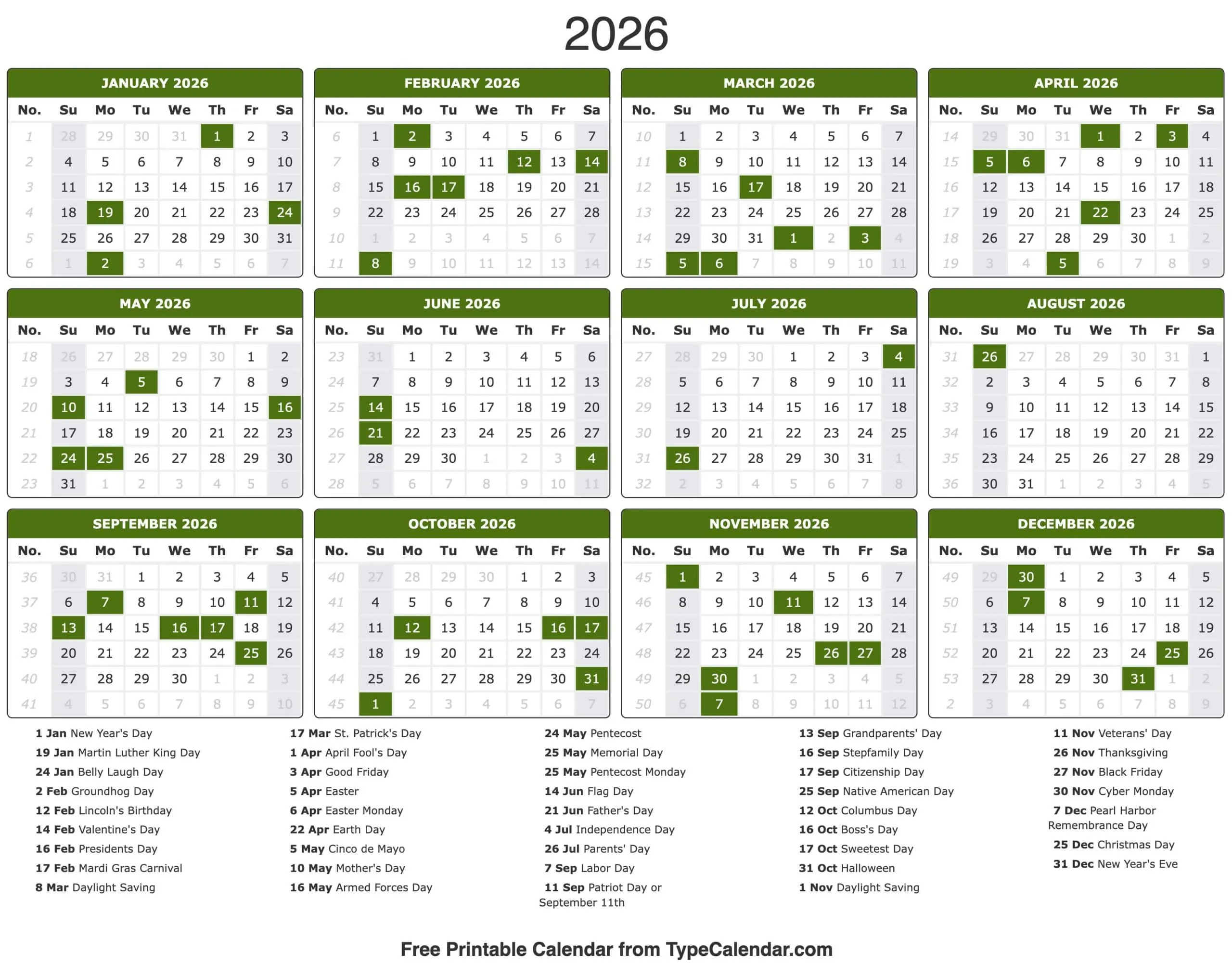2026 Calendar - Free Printable Calendar With Holidays within 2026 Julian Calendar with Holidays