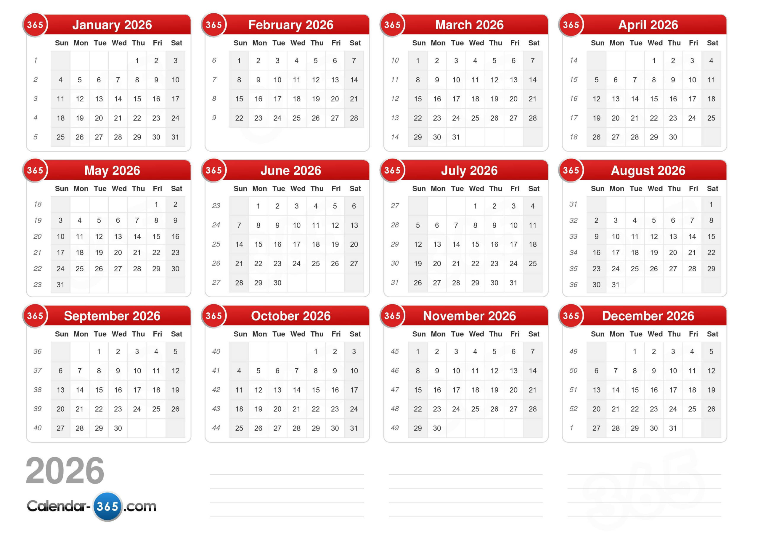2026 Calendar intended for Number of Weekends in 2026