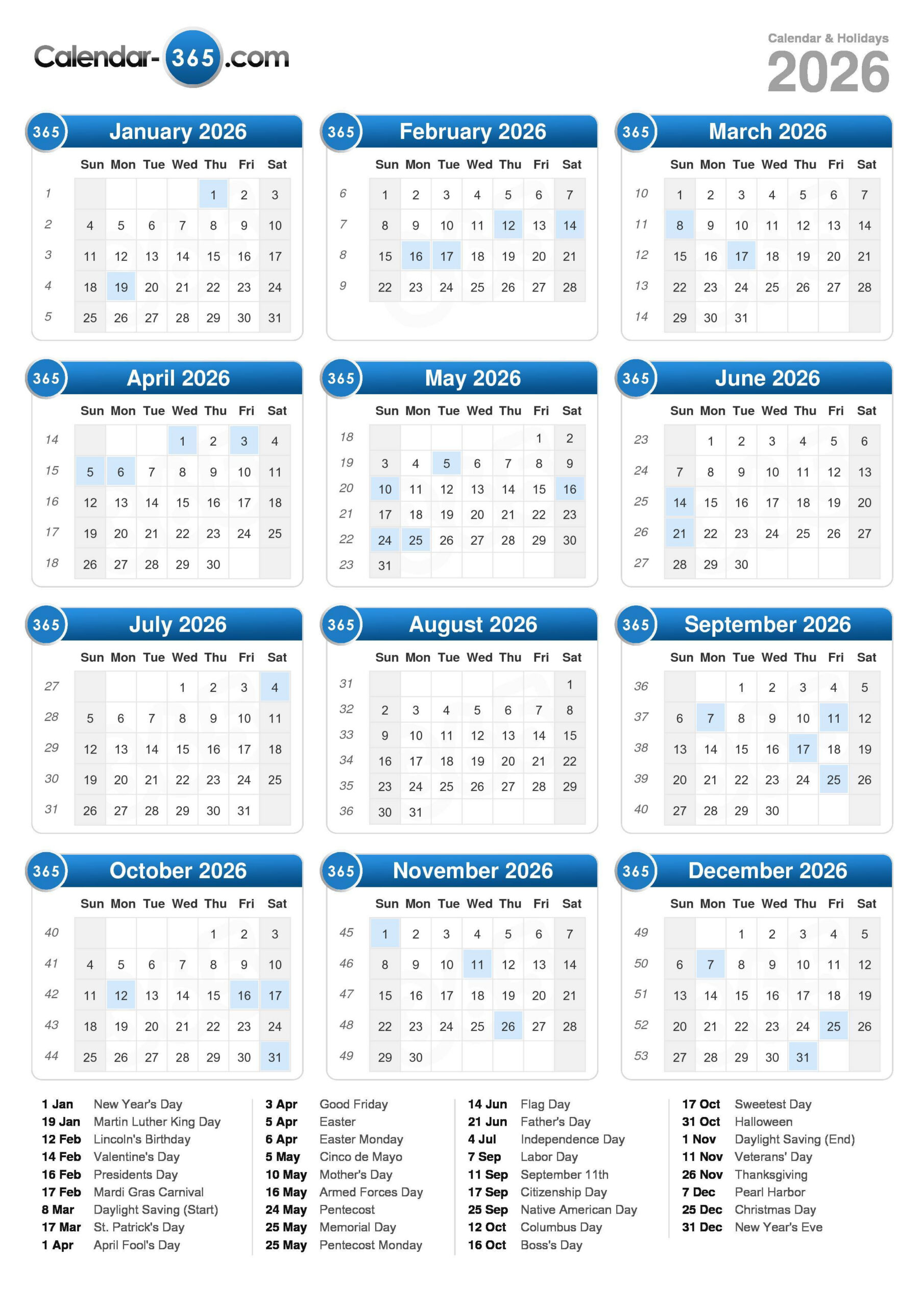 2026 Calendar pertaining to 2026 Calendar Year With Holidays
