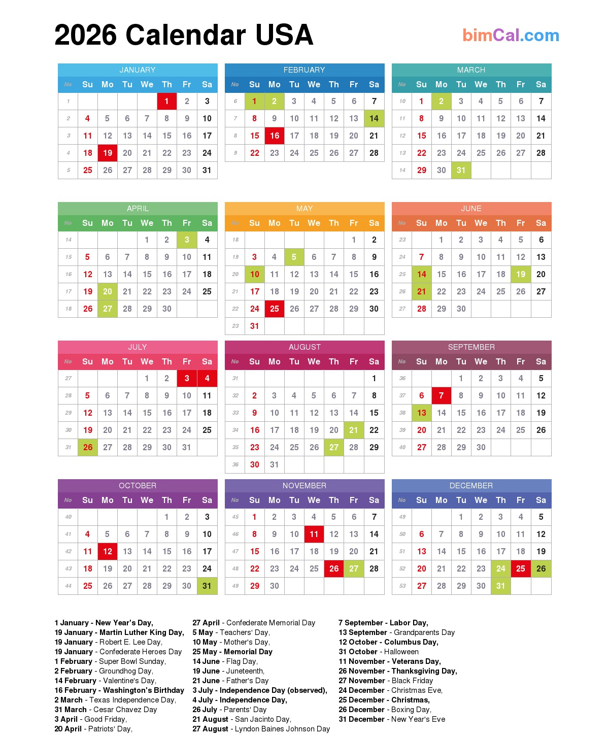 2026 Calendar Usa - Bimcal throughout Calendar For Year 2026 (United States)