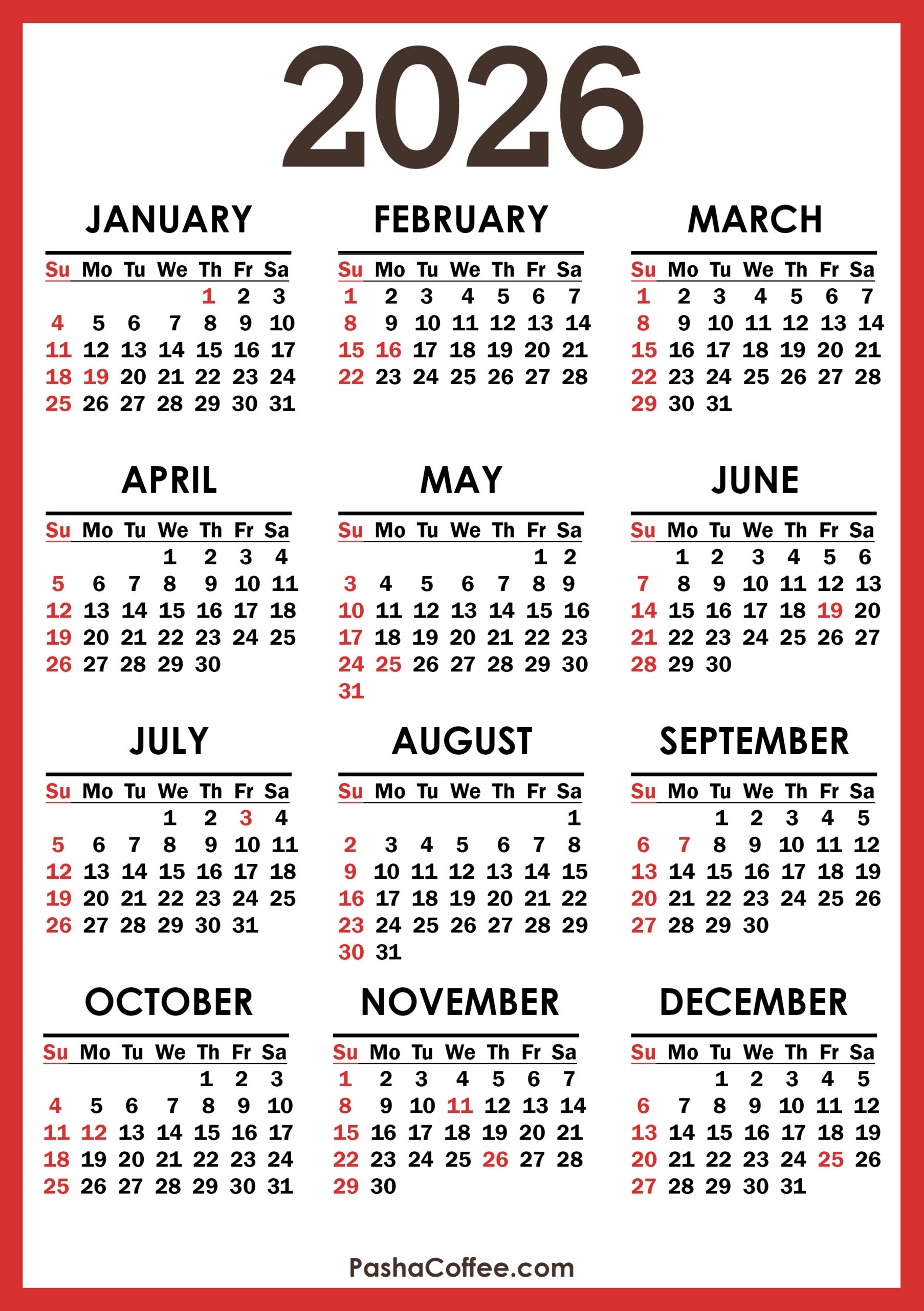 2026 Calendar With Holidays, Printable Free, Vertical, Red with regard to 2026 Calendar Year With Holidays