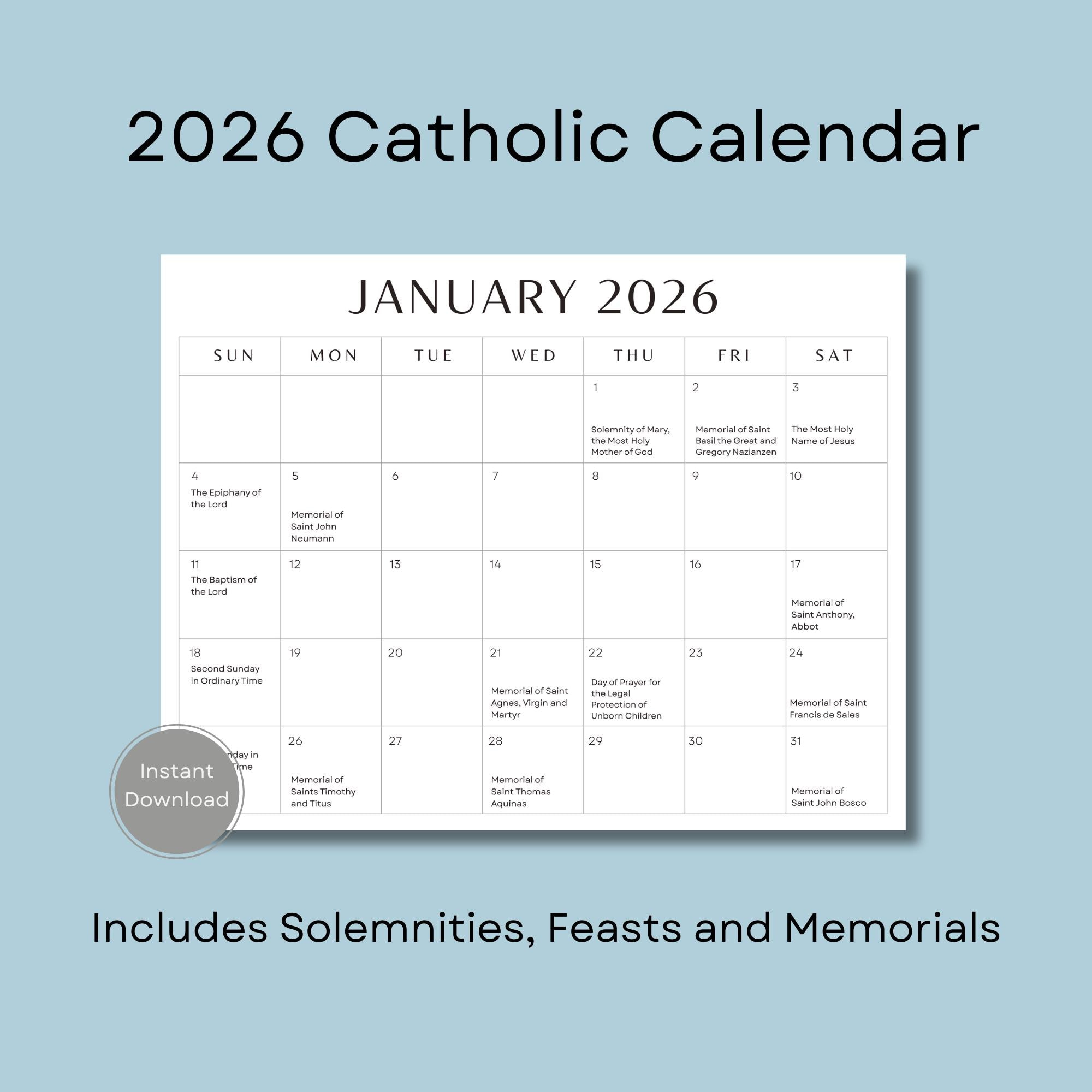 2026 Catholic Calendar, Printable Catholic Calendar, Feasts for Catholic Calendar 2026 UK