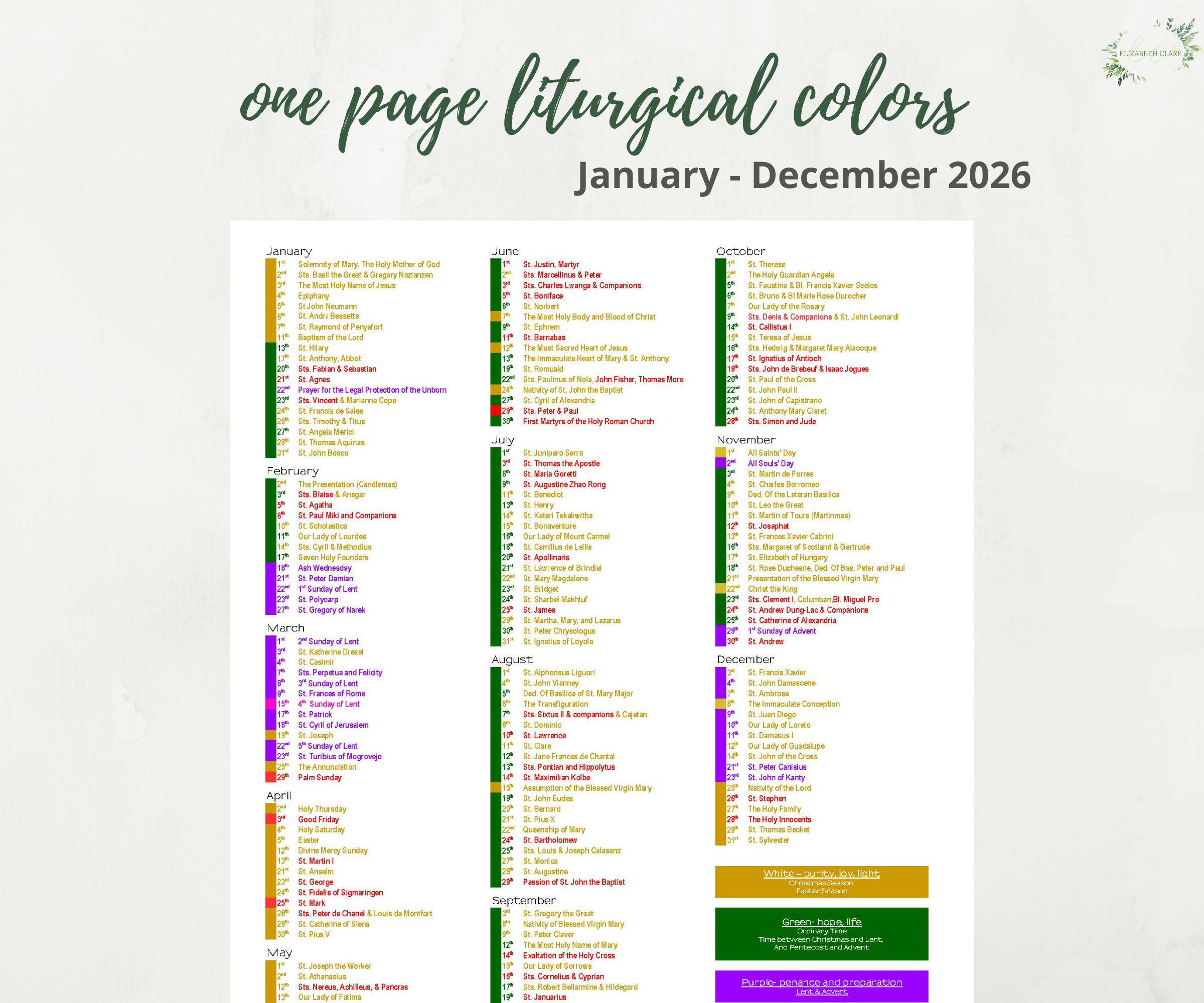 2026 Catholic Liturgical Year Calendar At A Glance: Liturgical for Pcusa Liturgical Calendar 2026