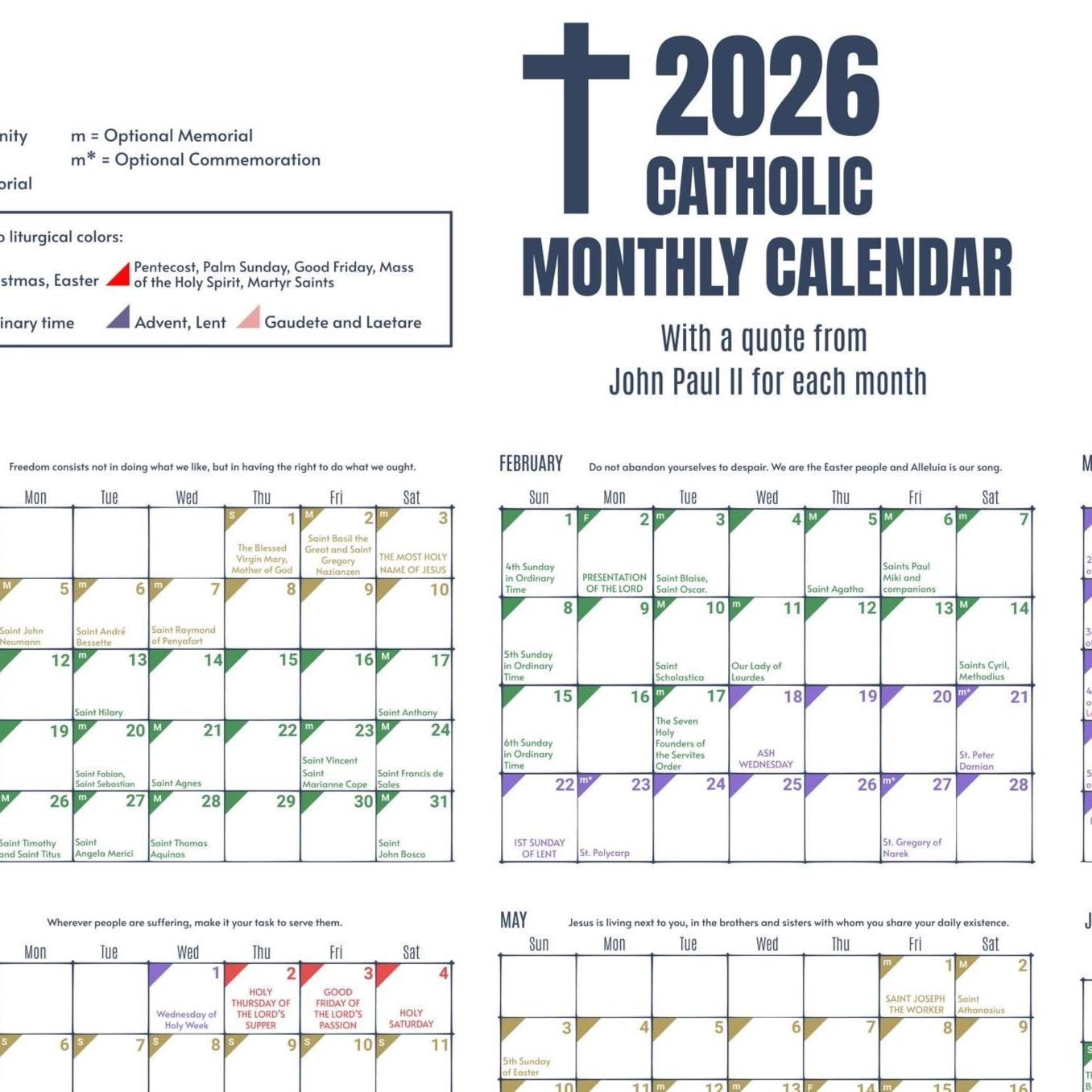 2026 Color-Coded Liturgical Calendar - Instant Download Catholic pertaining to Catholic Holy Day Calendar 2026
