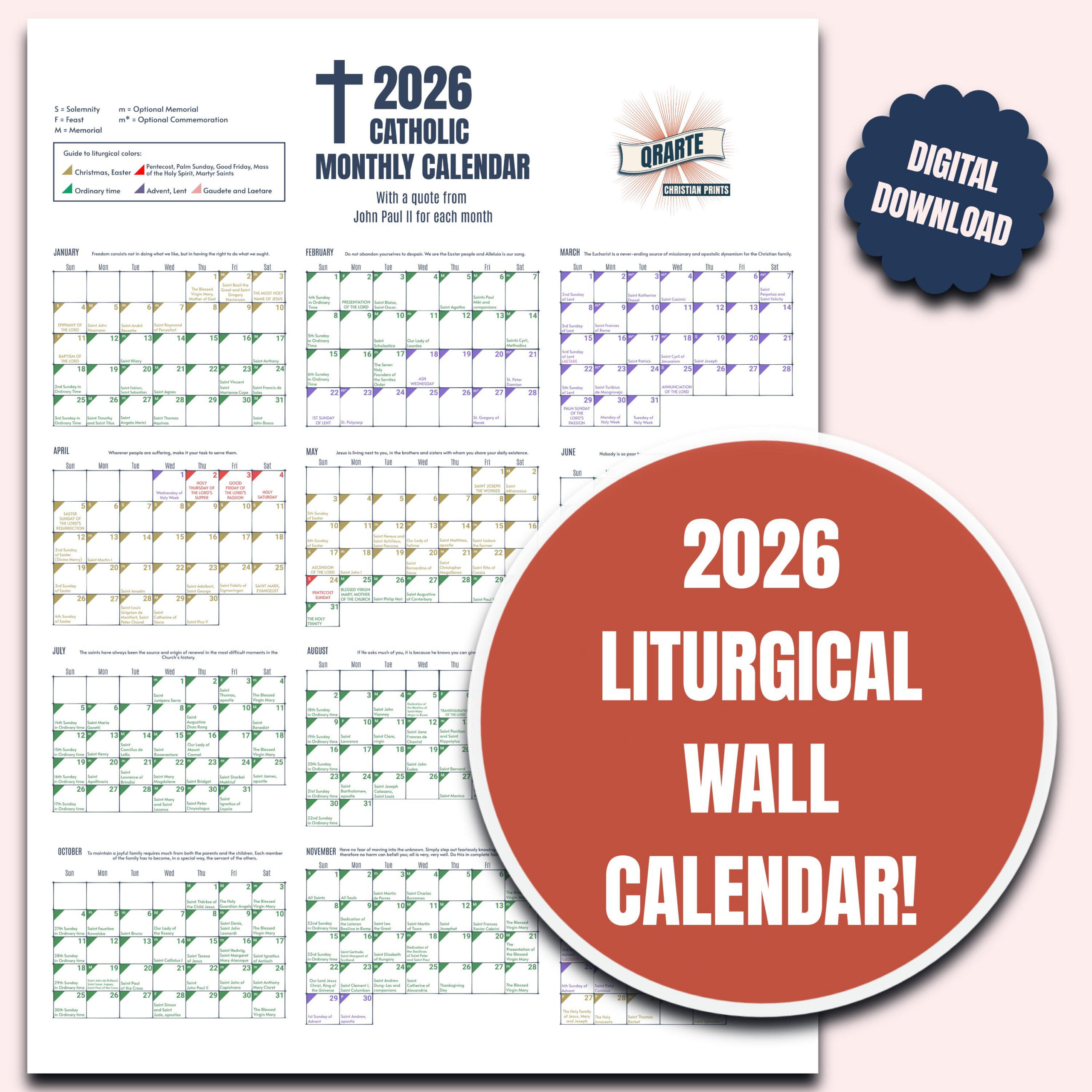 2026 Color-Coded Liturgical Calendar - Instant Download Catholic throughout Liturgical Calendar 2026 Australia