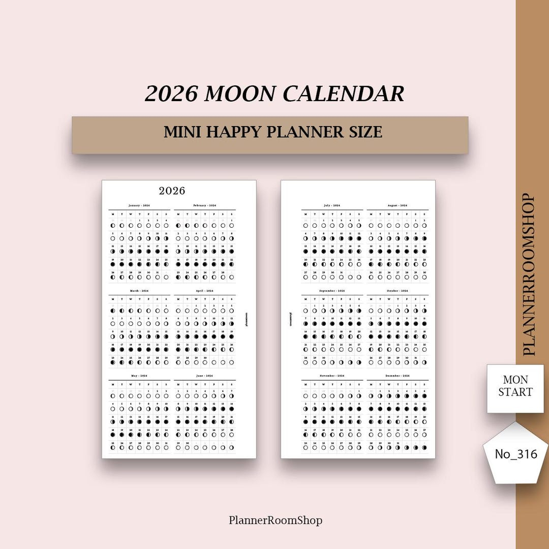 2026 Dated Moon Calendar, Printable Inserts, Moon Phase Calendar with Full Moon Calendar 2026 Australia