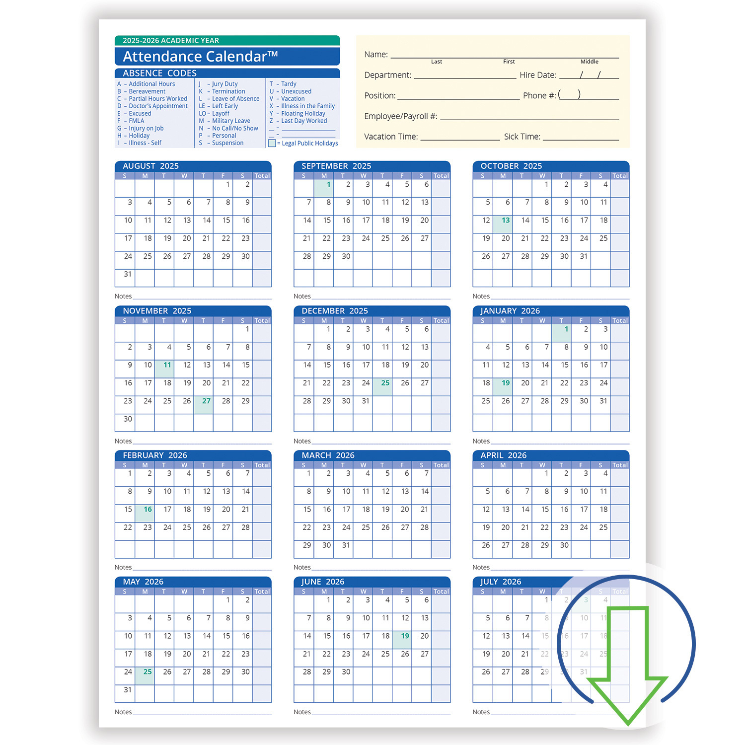 2026 Downloadable Academic Year Employee Attendance Calendar throughout Attendance Calendar 2026 Printable Free