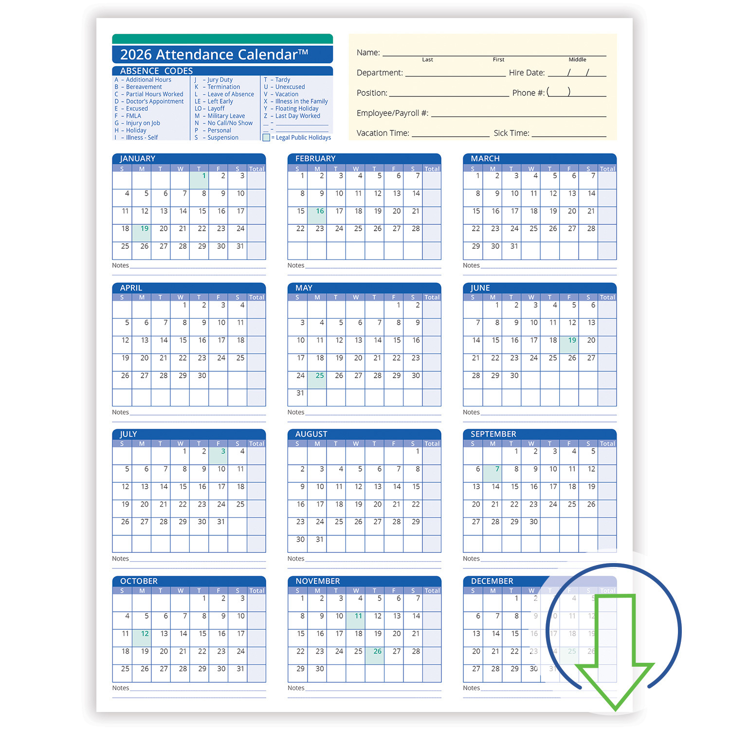 2026 Downloadable Employee Attendance Calendar | Hrdirect for Employee Attendance Calendar 2026 Template Free