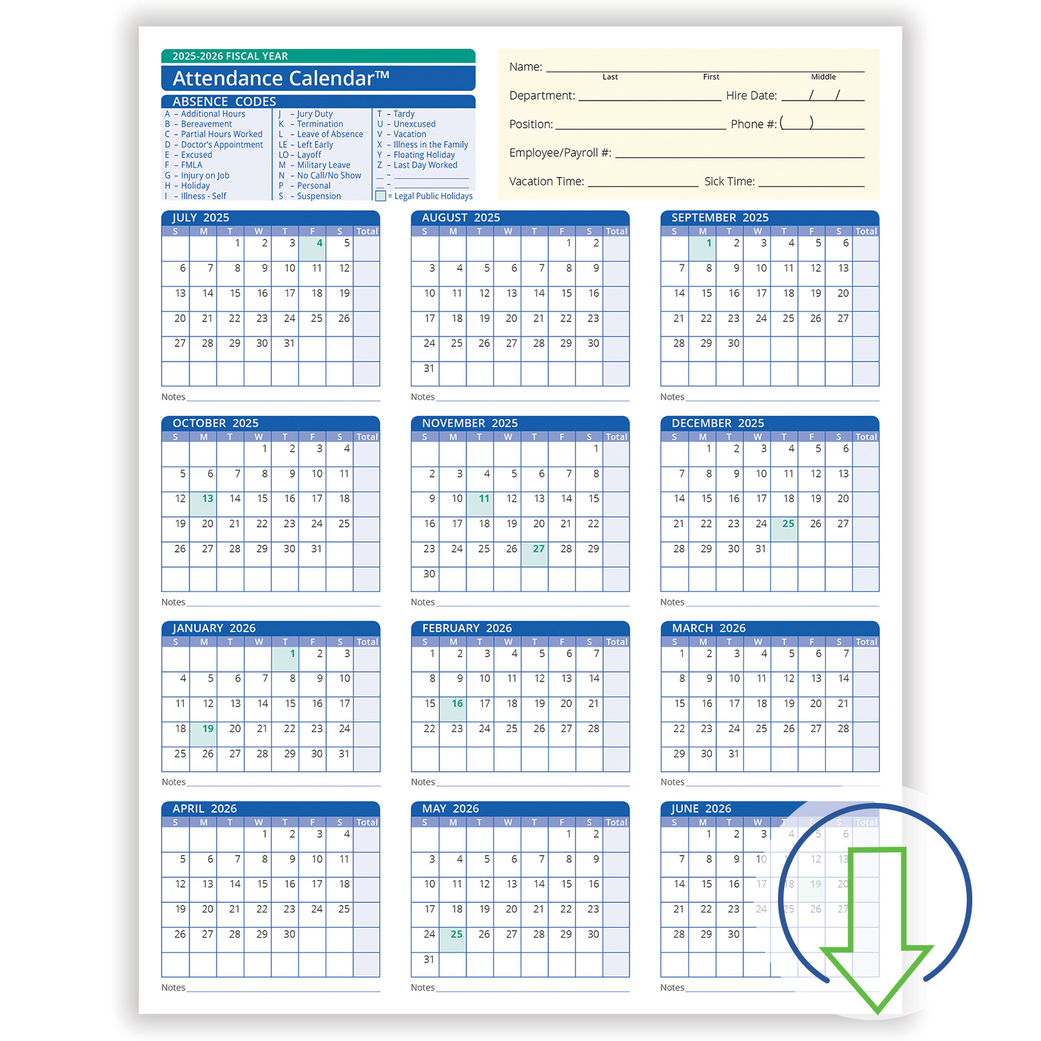 2026 Downloadable Fiscal Year Employee Attendance Calendar | Hrdirect within 2026 Employee Attendance Calendar Template Free