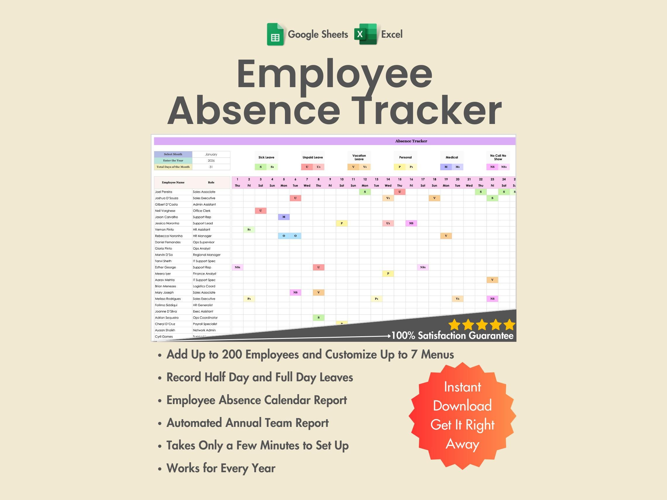 2026 Employee Absence Tracker, Excel, Google Sheets, Pto Planner throughout Employee Attendance Summary 2026