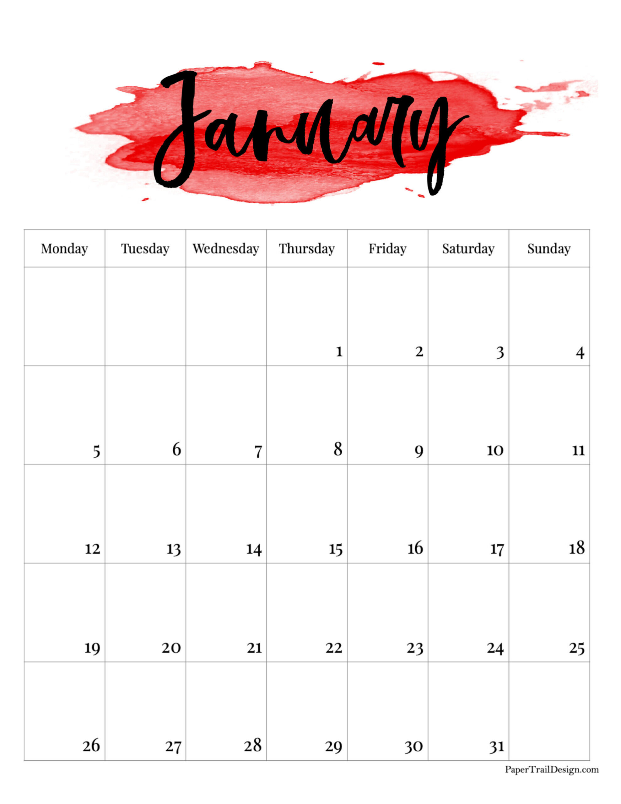 2026 Monday Start Watercolor Calendar - Paper Trail Design regarding January 2026 Calendar Printable Monday Start