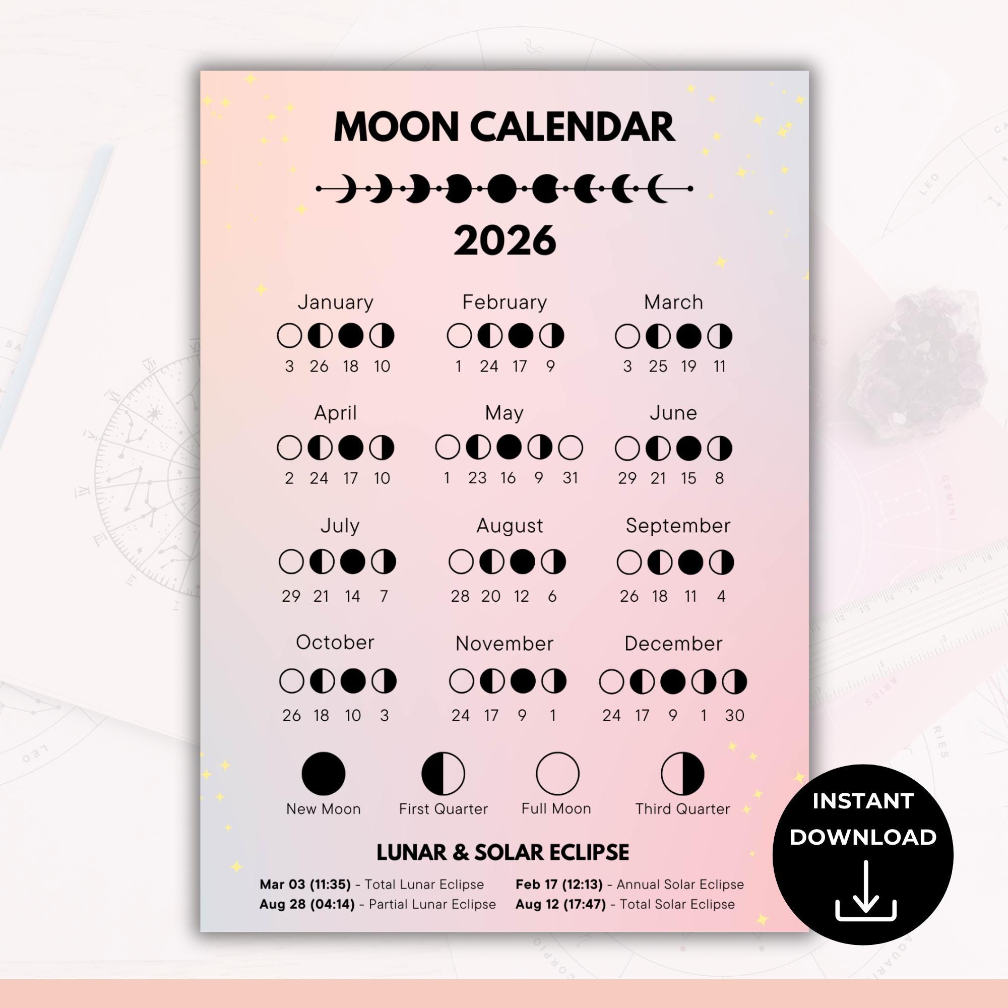2026 Mondphasen Kalender Mit Plr Wiederverkaufsrechten, Lunar in Full Moon Calendar January 2026