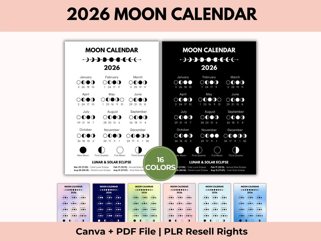 2026 Moon Phases Calendar, Lunar Calendar, Astrology Calendar with Full Moon Calendar 2026 India