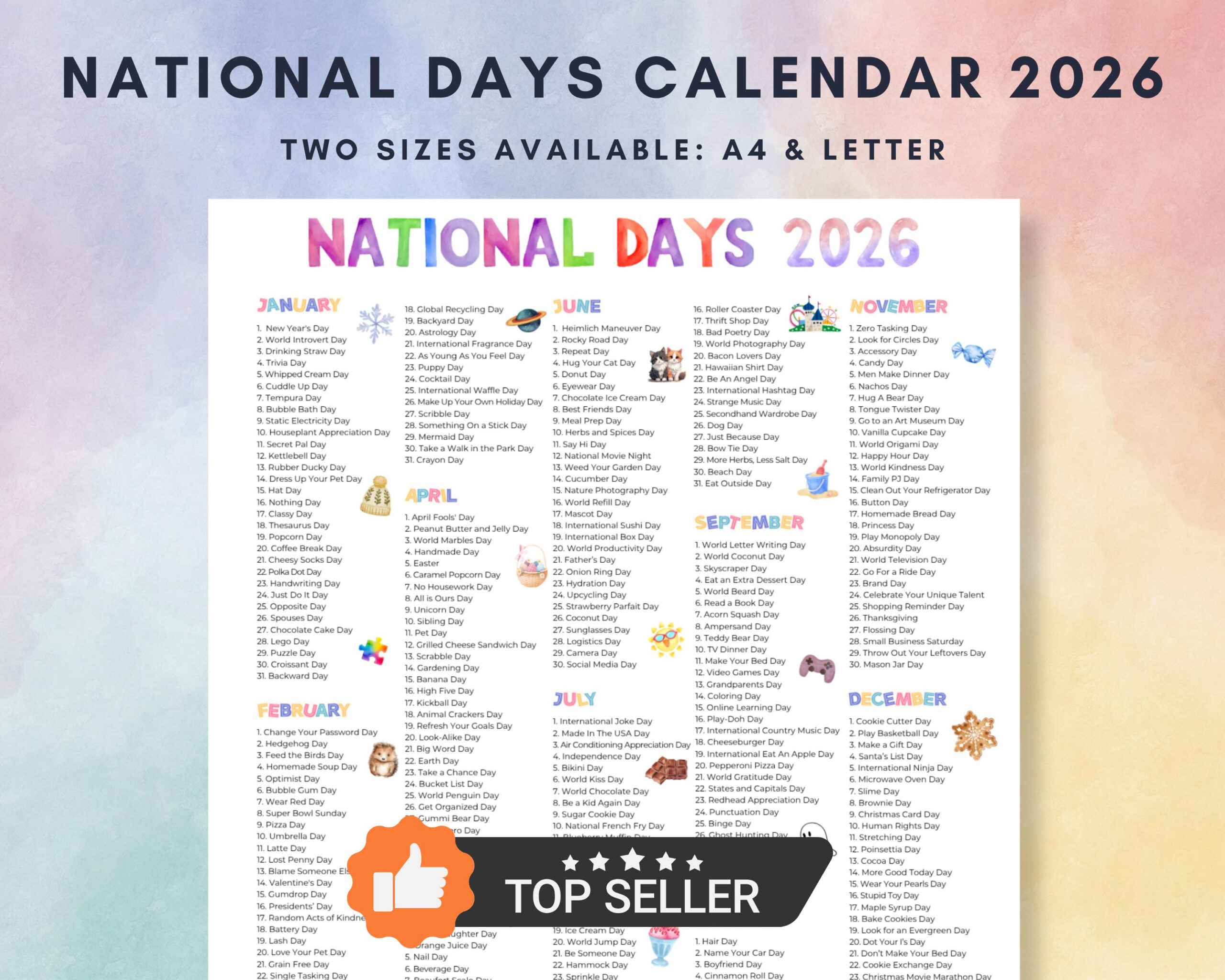 2026 National Days Calendar Printable (A4 &amp;amp; Letter Pdf) - Etsy Uk for National Day Calendar 2026