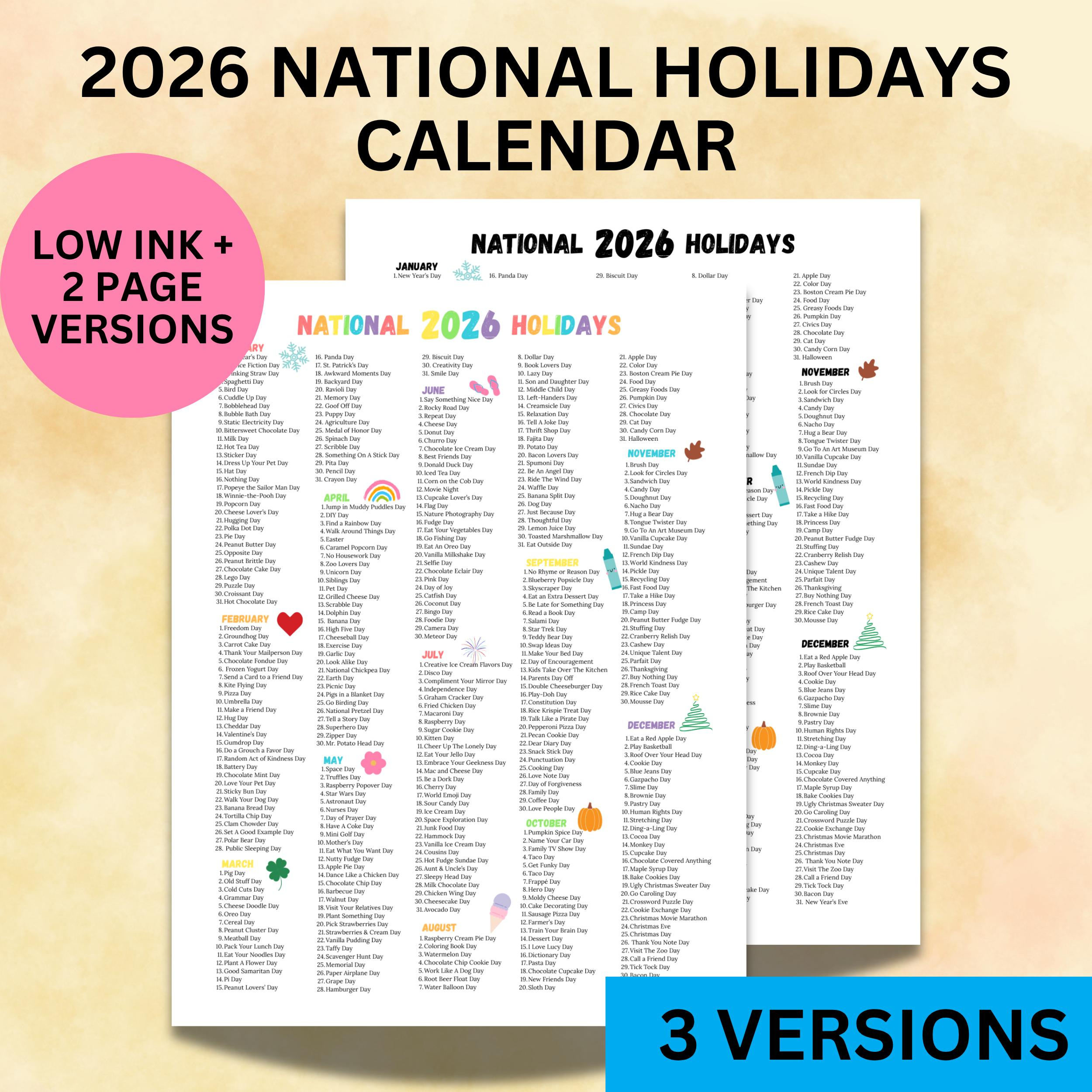 2026 National Holidays Calendar Printable, Funny Holiday List, Wacky  Holidays To Celebrate, National Days 2026 Homeschool Print, Teacher Day regarding National Day Calendar 2026